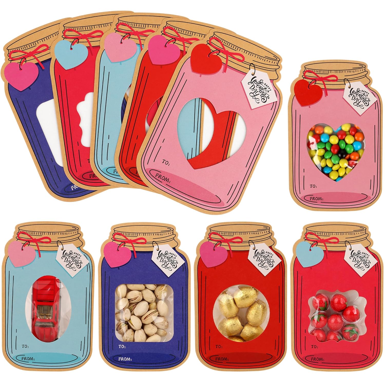50 Pack Mason Jar Valentine Cards For Kids Classroom, 5 Color Designs Diy Valentines Day Cards With Treat Bags, Candy Valentines For School Exchange Party Favors (Candy Not Included)