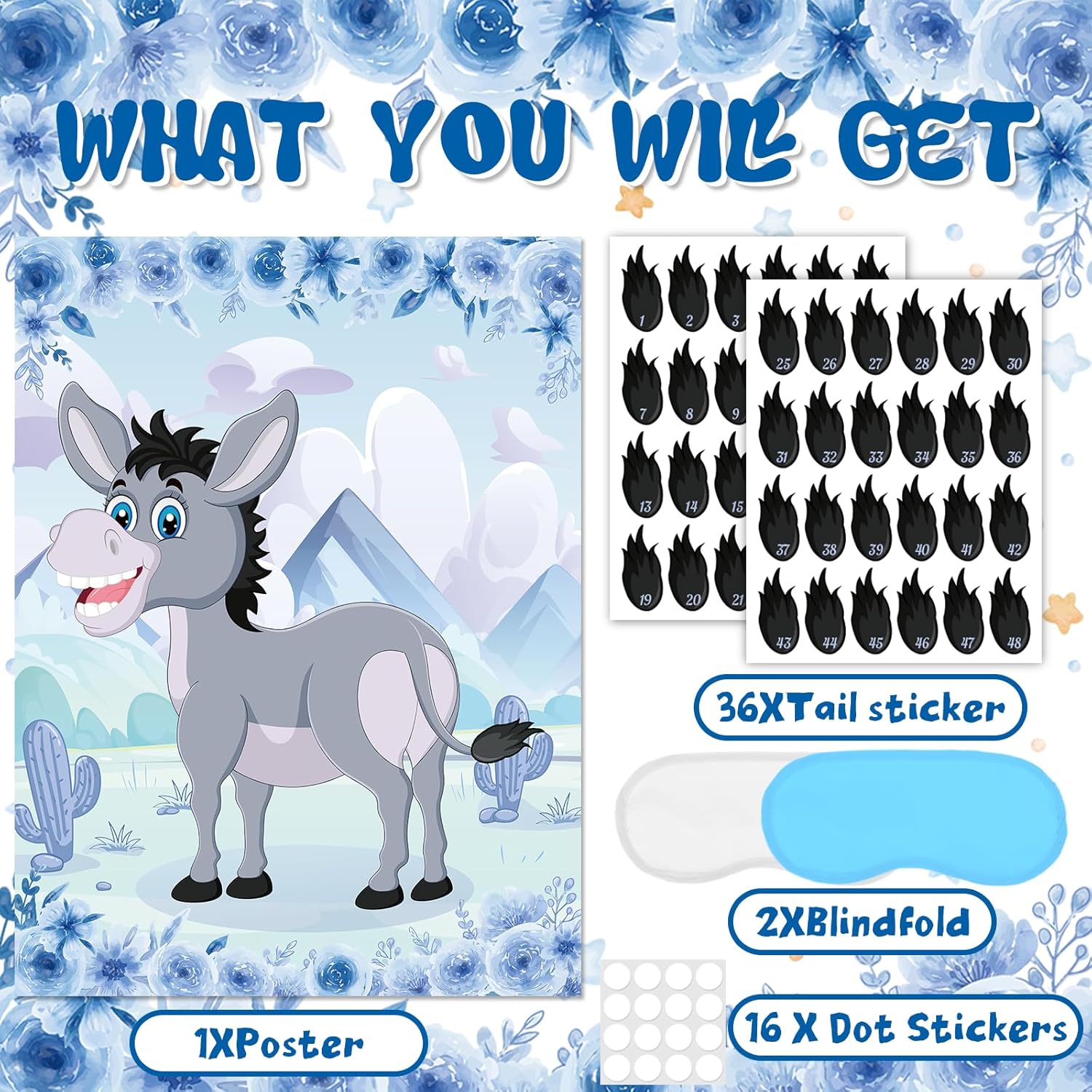 Pin The Tail On The Donkey Party Game Floral Farm Party Decorations With 48 Pcs Tails Large Donkey Games Poster For School Activities Birthday Party Carnival Party Supplies(Blue)