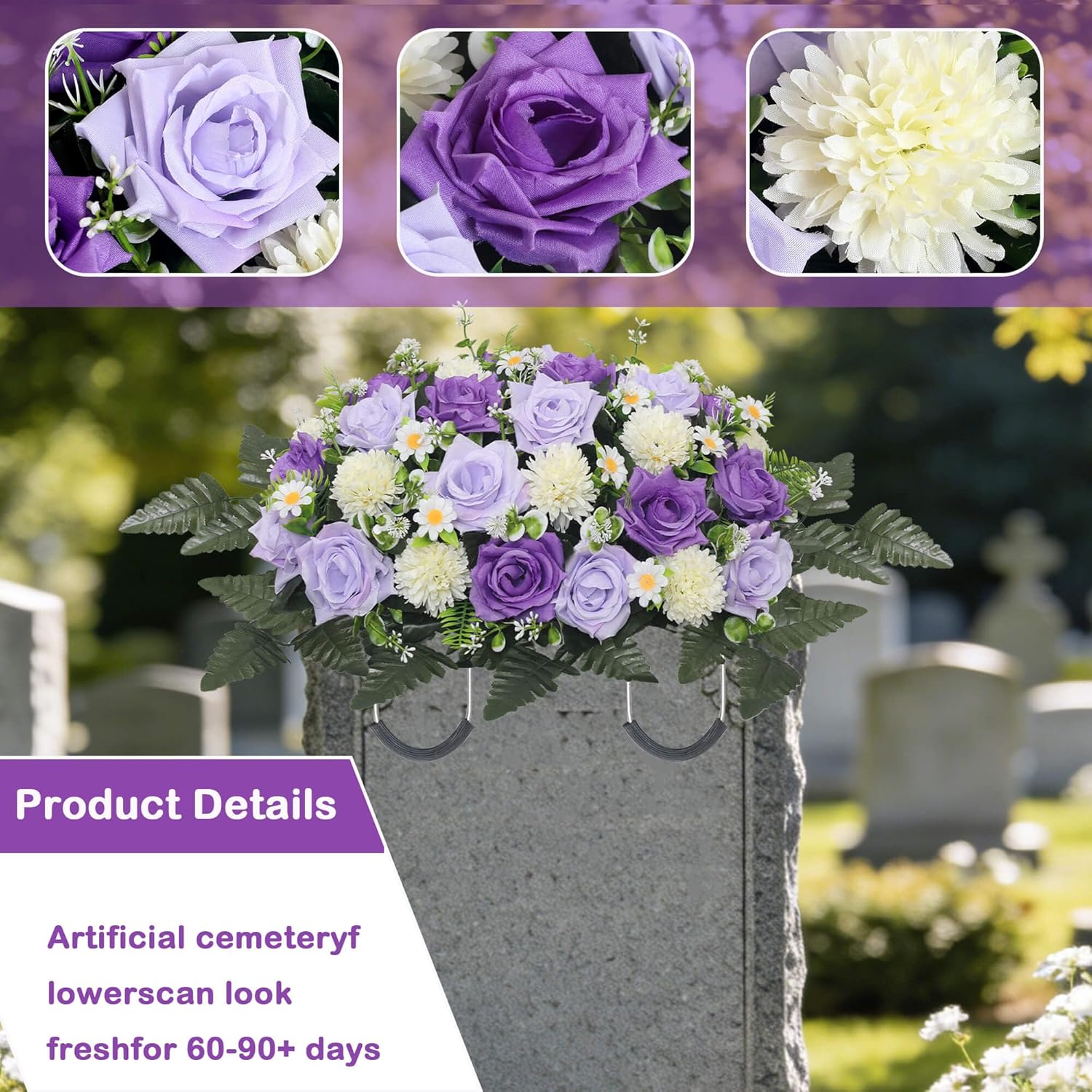 Artificial Cemetery Flowers,Headstone Flower Saddle,Realistic Vibrant Roses,Cemetery Memorial Flowers For Outdoor Tombstone Decorations (Purple)
