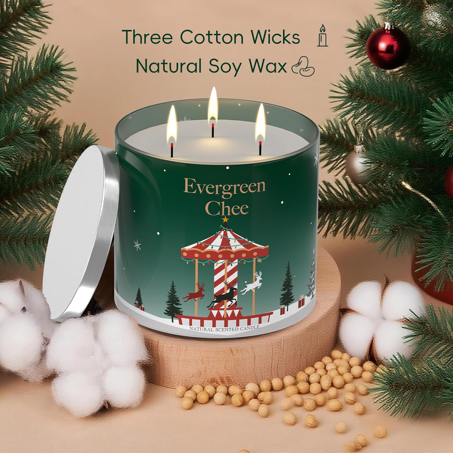 Christmas Candle, 14 Oz 3 Wicks Scented Soy Wax Candle For Home, Long Lasting Natural Jar Aromatherapy Candle Non Toxic Clean Burn, Holiday Gifts For Christmas (Green)