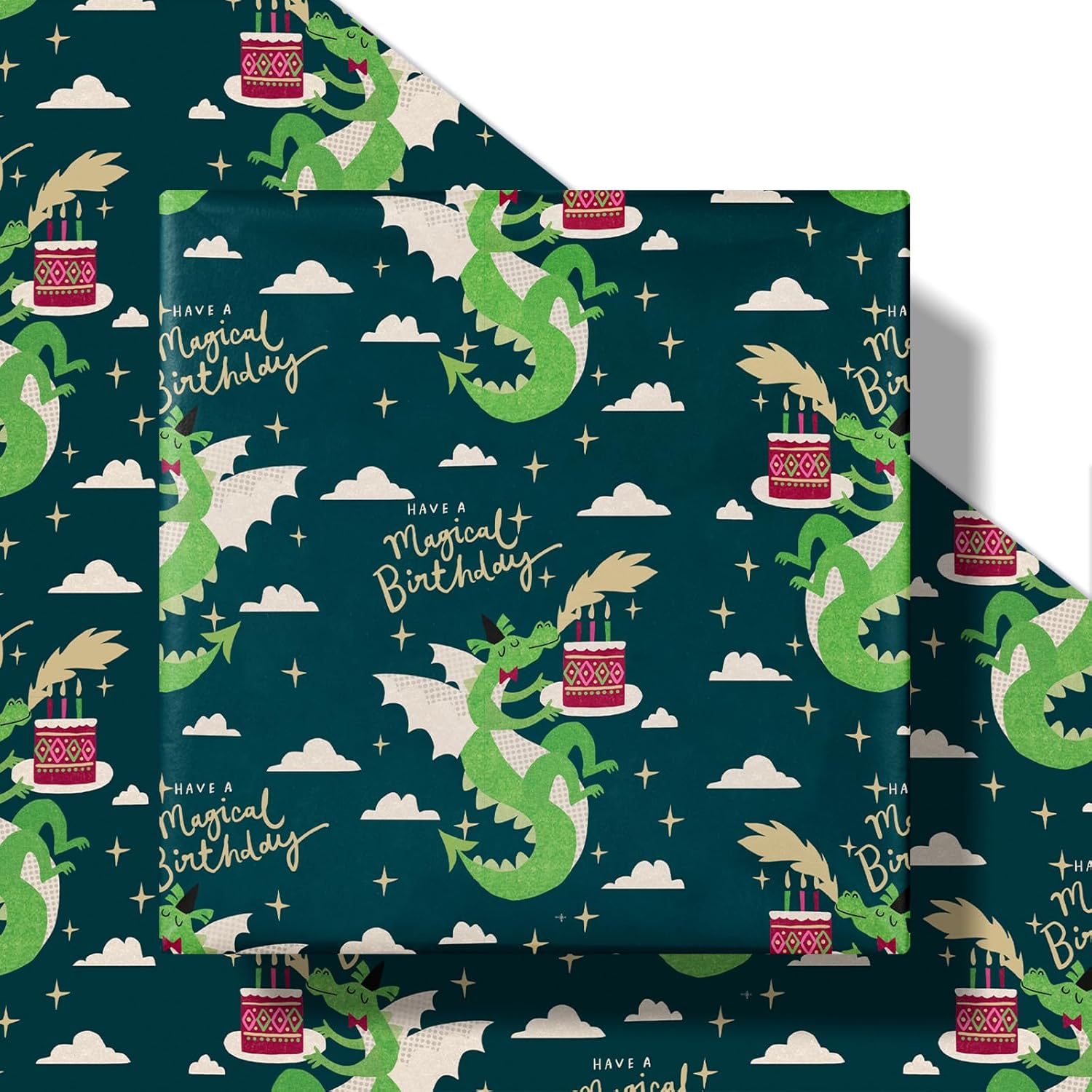 Birthday Wrapping Paper Roll For Boys Girls, Mini Roll, Magical Dragon And Cake Design With Have A Magical Birthday Text Design, Fantasy Gift Wrap For Kids Party, 17 Inches X 16.4 Feet