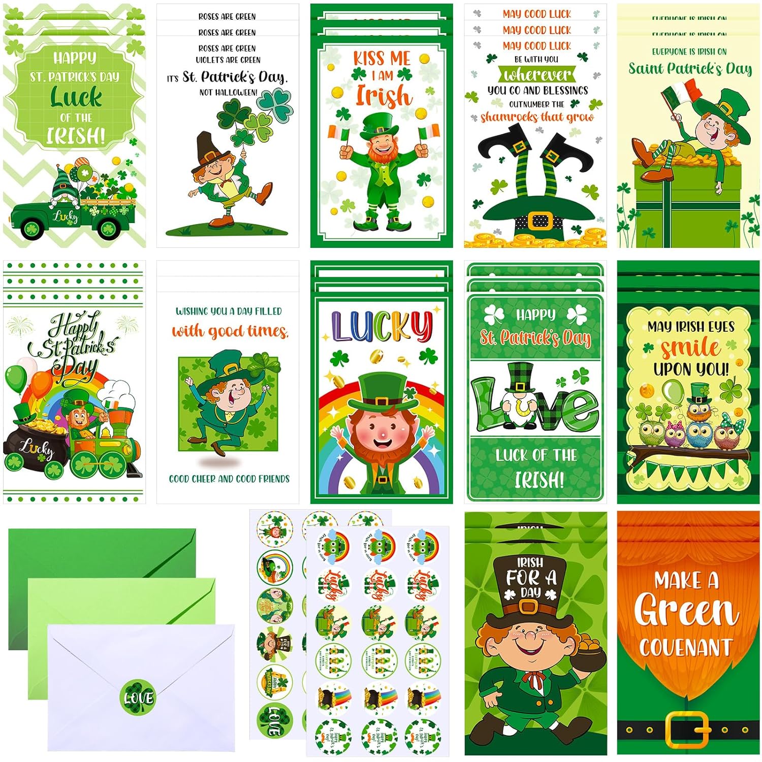 24 Pcs St Patrick'S Day Card With Envelope Clover Gold Coins Stickers Green Shamrock Gold Coin Irish Assorted Greeting Cards For St Patrick'S Day Party Favor, 12 Style