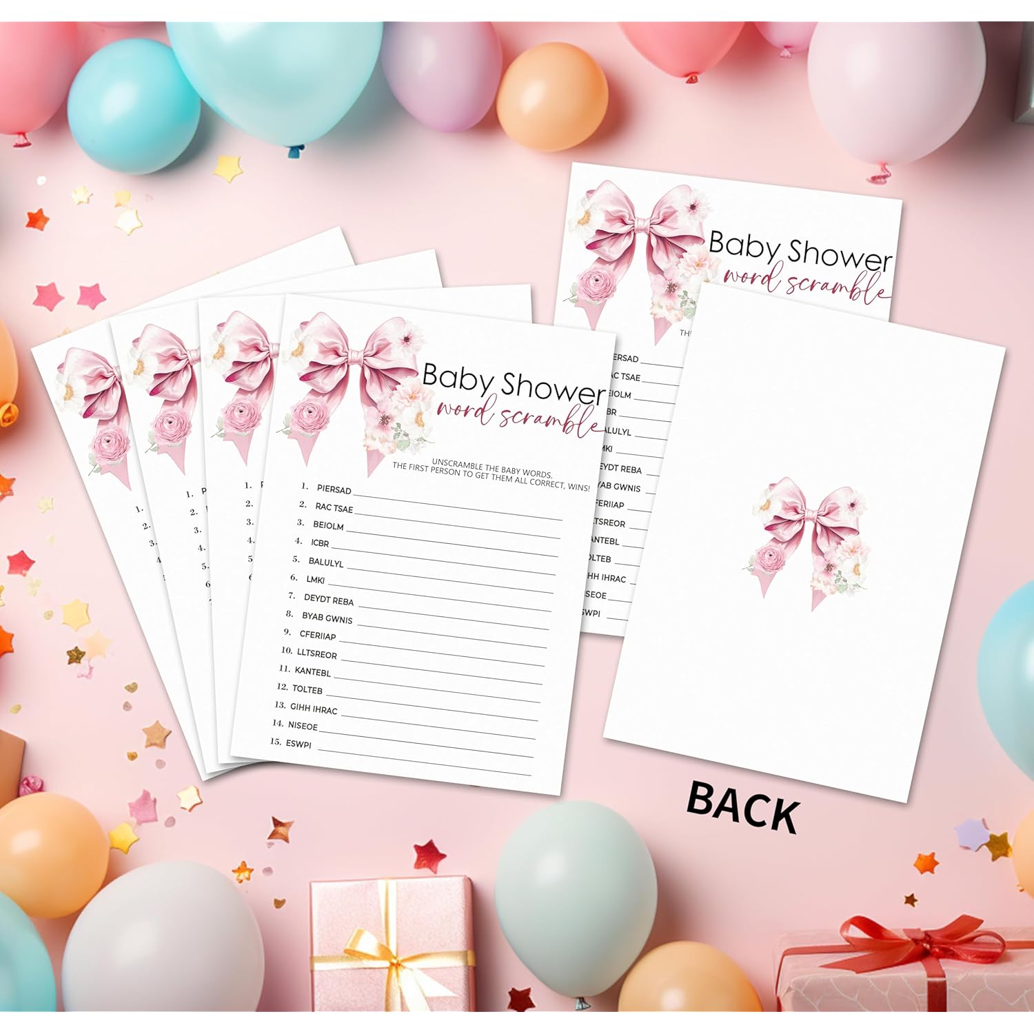 30 Pcs Baby Shower World Scramble Game Cards & 1 Answer Card - Pink Bow Theme Double Sided Baby Shower Games For Girls - Gender Reveal, Announcement Party Decorations & Activities - A11