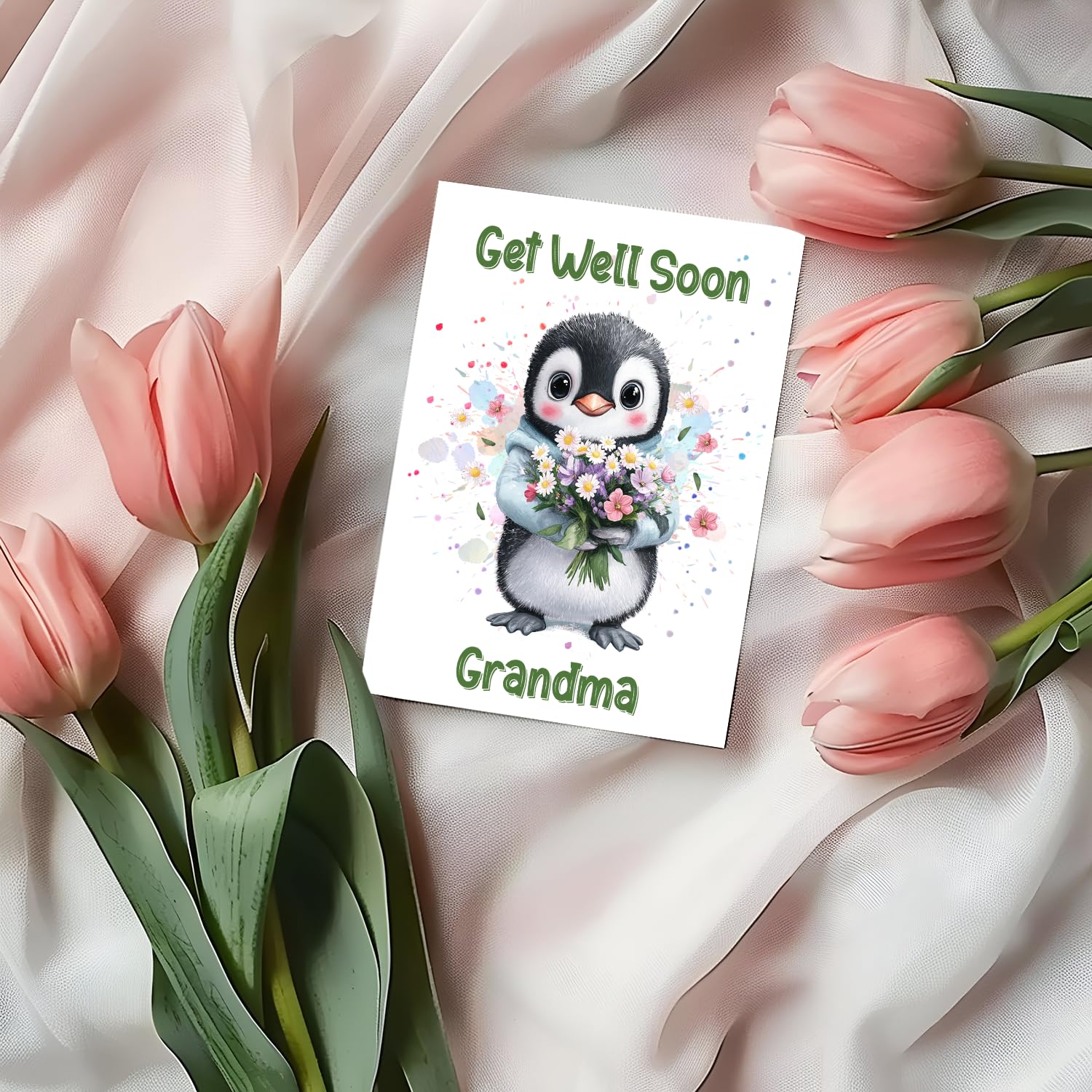 Get Well Soon Grandma Card - Penguin Get Well Card - Feel Better Card - Penguin Holding Flower Card - Greeting Card - Speedy Recovery Card