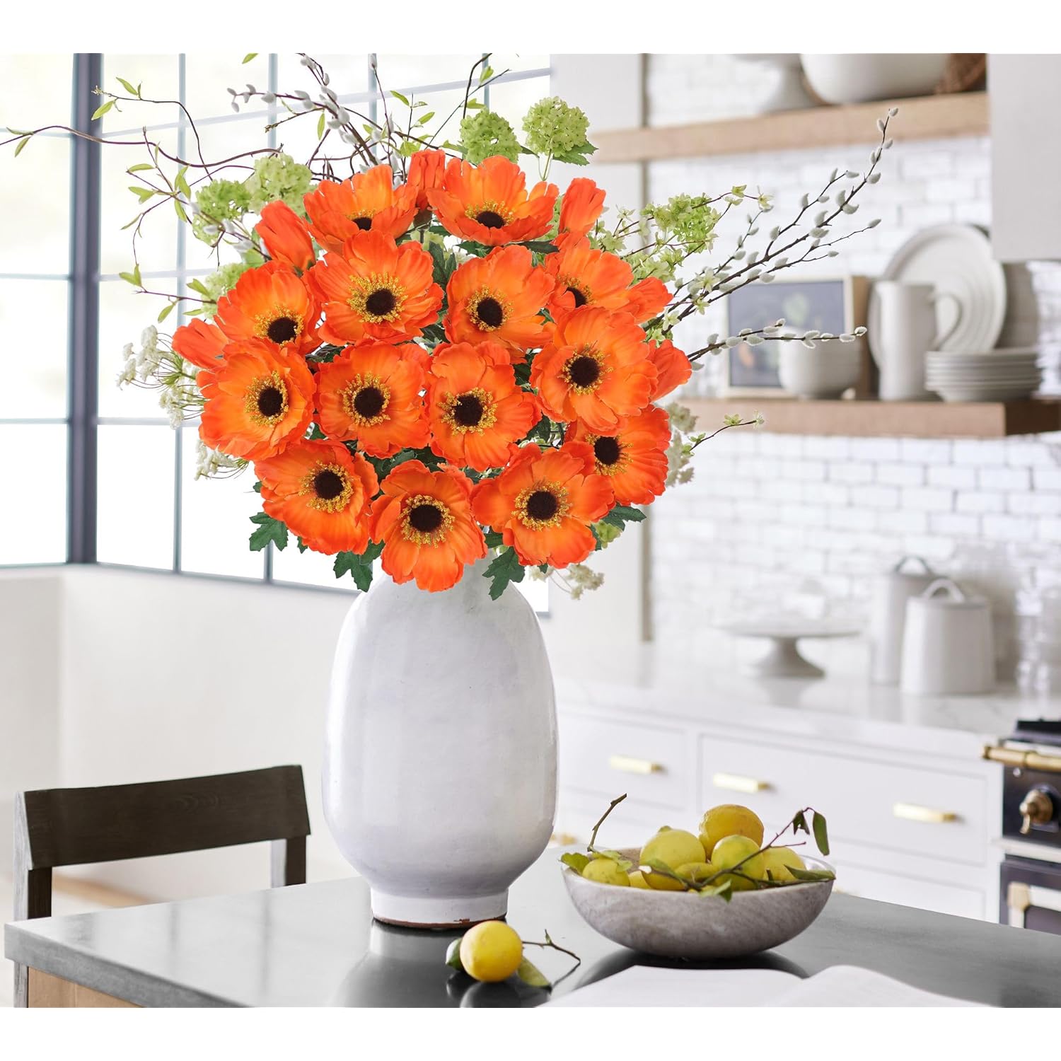 10 Heads Orange Poppy Flowers Artificial 2Pcs Fake Poppies Flowers Bouquets With 7 Heads Full Bloom Poppy & 3 Buds Bouquet Stems Spring Sumer Faux Floral Flower Arrangement For Diy Home Decor