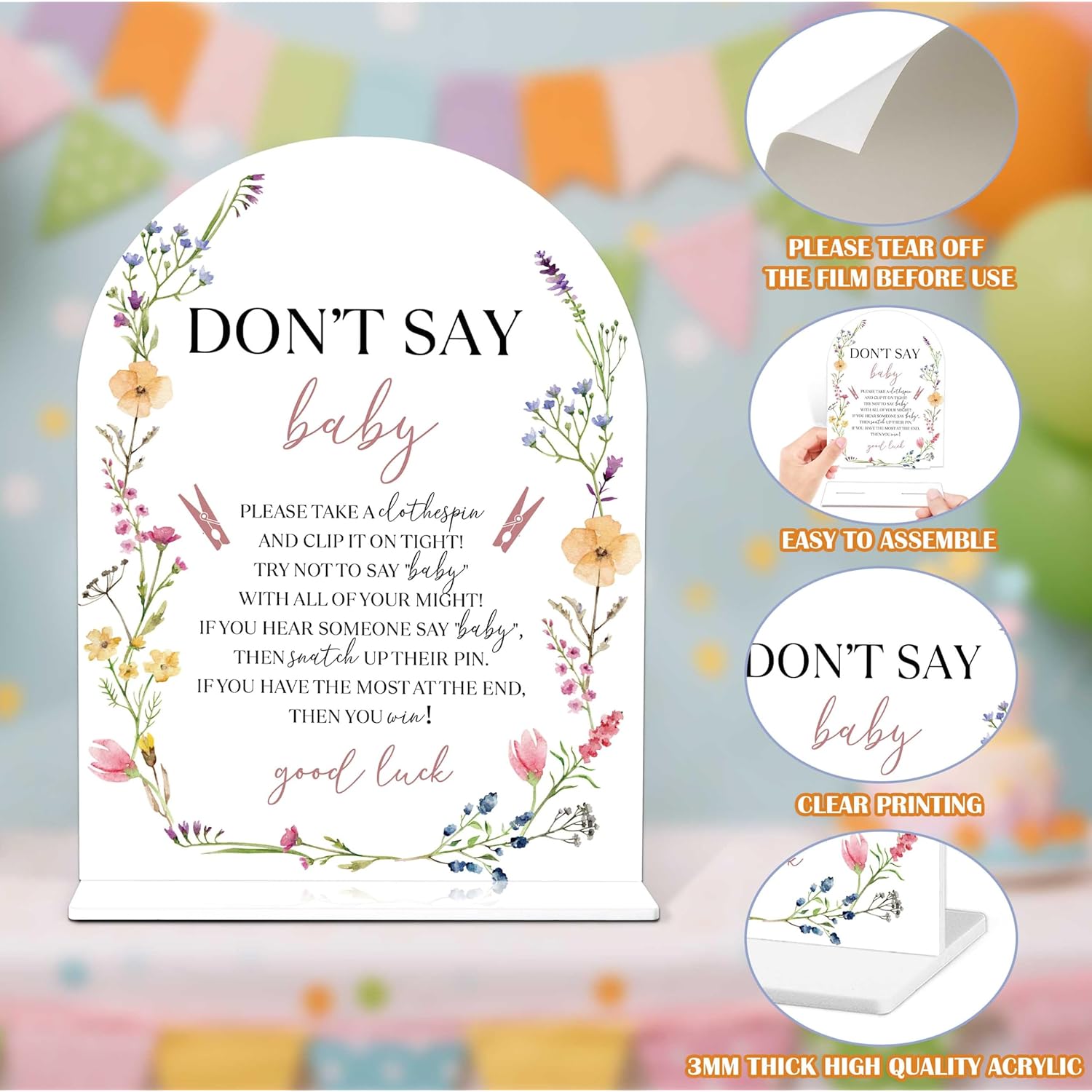 Baby Shower Games - Wildflower Don'T Say Baby Clothespin Game, 1 Arch Acrylic Sign And 50 Mini Clothespins, Gender Reveal Game, Floral Baby Shower Decoration Supplies (Gxb05)