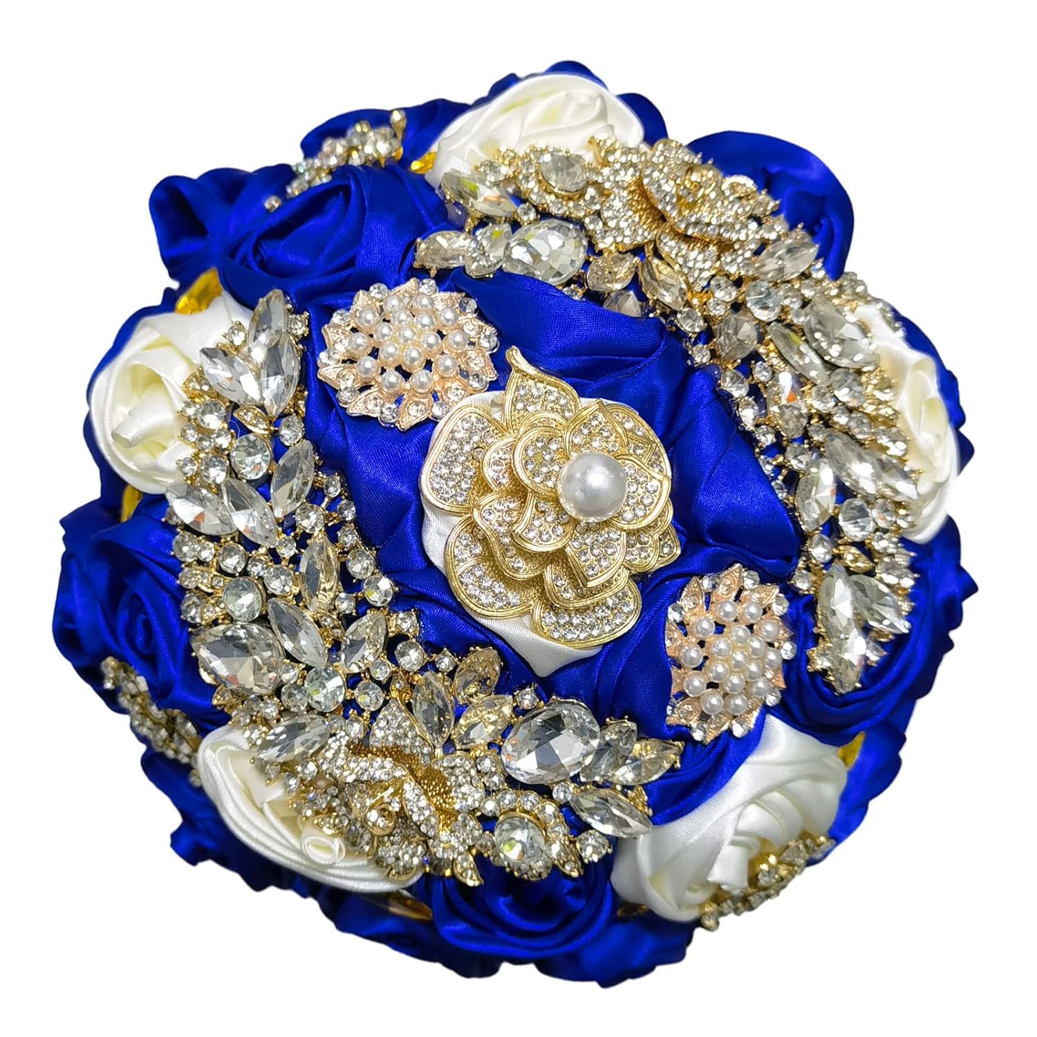 7 Inch Wedding Bouquet Satin Rose Bridal Holding Bridesmaid Gold Pearl Brooch Artificial Flower Bouquet For Indoor Church Wedding, Bridal Shower, Toss Bouquet, Quinceanera (Royal Blue Ivory)