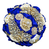 7 Inch Wedding Bouquet Satin Rose Bridal Holding Bridesmaid Gold Pearl Brooch Artificial Flower Bouquet For Indoor Church Wedding, Bridal Shower, Toss Bouquet, Quinceanera (Royal Blue Ivory)