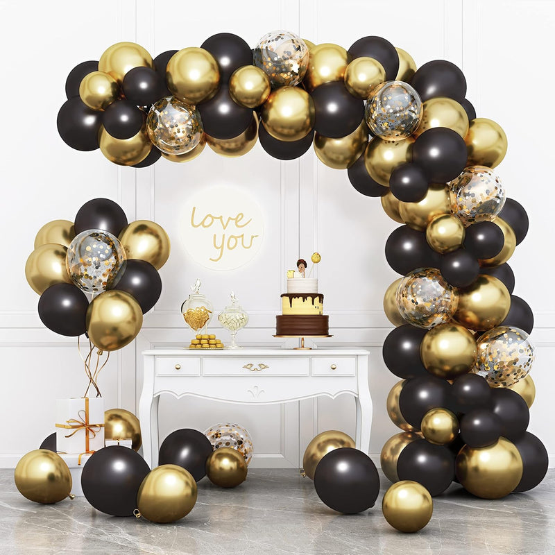 Black And Gold Balloons Garland Arch Kit With Black Gold Confetti Ball