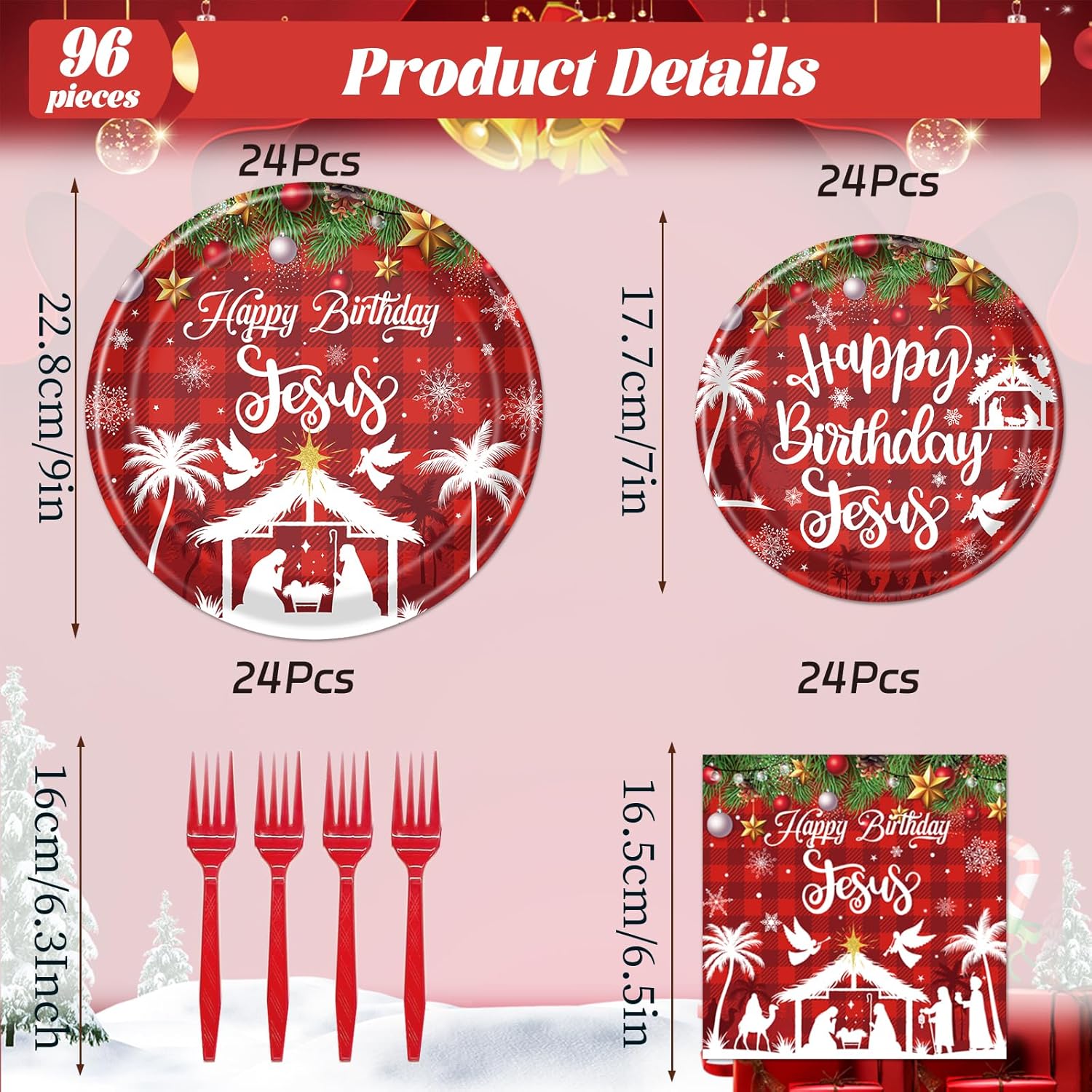 Deorfuy Christmas Nativity Party Decorations Tableware, 96Pcs Happy Birthday Jesus Disposable Paper Plates And Napkins Decoration, Xmas Jesus Is The Reason For The Season Forks Supplies Serves 24