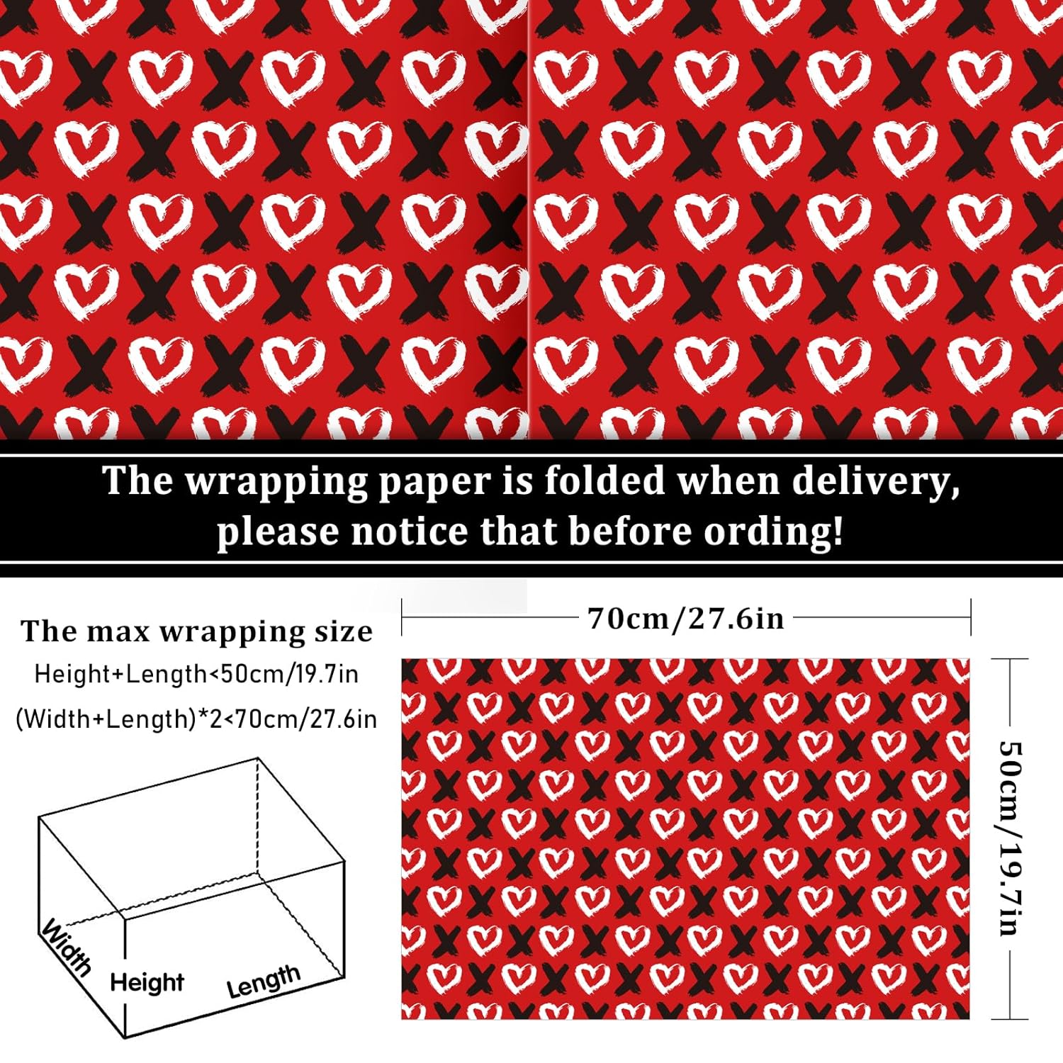 12 Sheet Valentine’S Day Wrapping Paper Love Heart Xoxo Gift Wrap Paper Folded Flat Red Black Diy Craft Art Paper For Birthday Wedding Party Supplies, 19.7 X 27.6 Inch