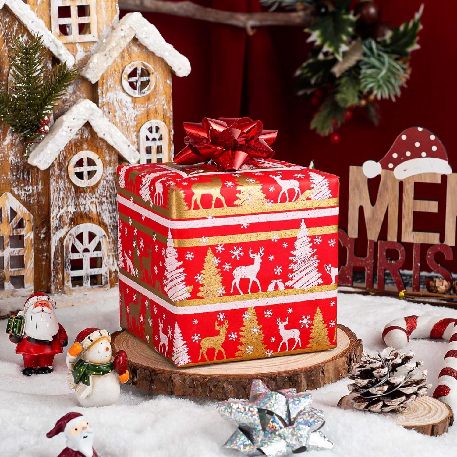 Kraft Christmas Wrapping Paper Roll, Red And Gold Wrapping Paper, Elegant Faux Sparkle Christmas Tree Reindeer Snowflake Pattern Red Gift Wrap For Holiday, Winter Solstice (17 Inch X 33 Feet)