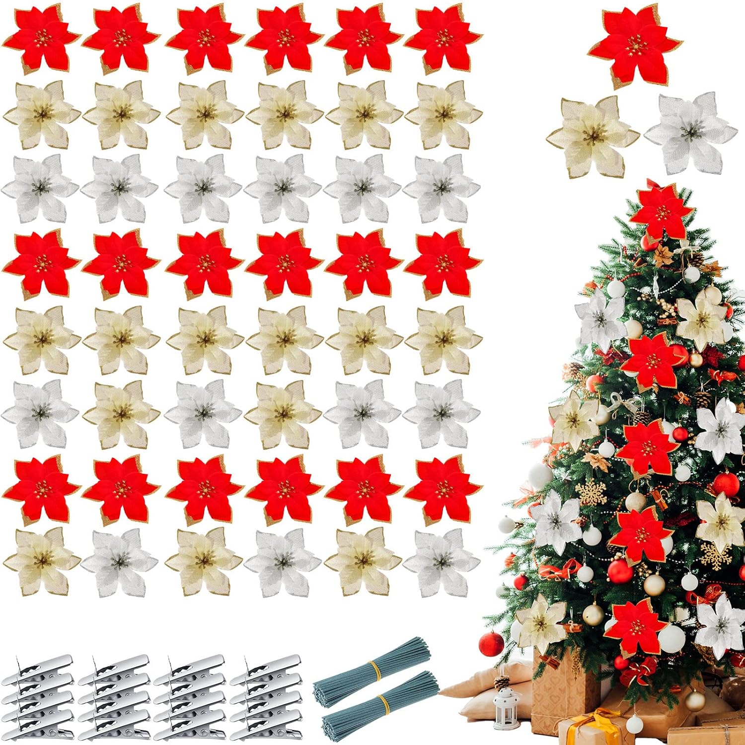 100 Pieces Christmas Glitter Artificial Poinsettia Flowers With Clips And Stems 5 Inch Poinsettia Artificial Decorations Christmas Tree Flowers Ornaments(Red, Gold, Silver)