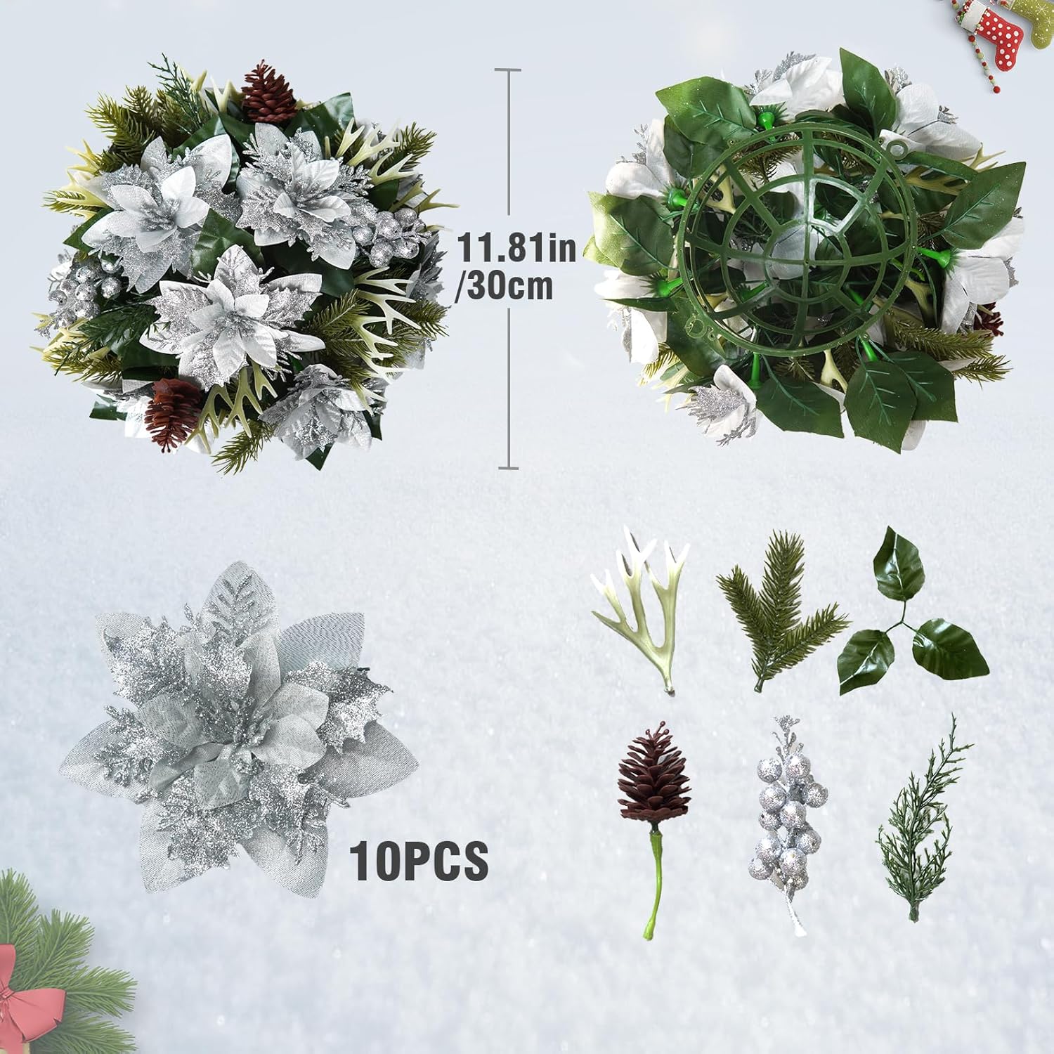 Poinsettias Flowers Artificial Glitter Christmas Flowers Artificial For Home Party Table Door Decor (Silver)