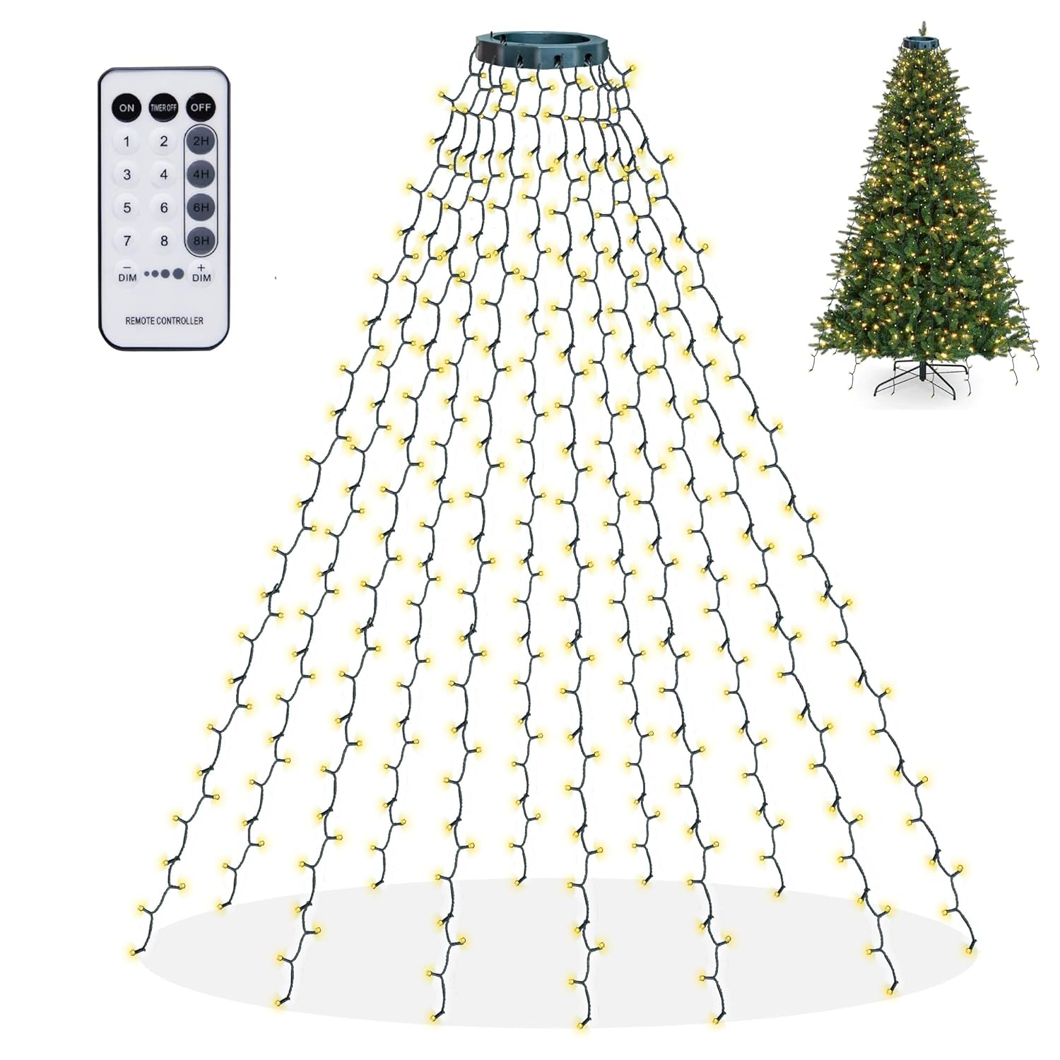 Christmas Tree Lights, 448 Led Waterfall Tree Topper Lights With Remote & 8 Lighting Modes, 8.2Ft X 16 Lines Christmas Light For Indoor Outdoor Yard Party Xmas Decoration (Warm White)