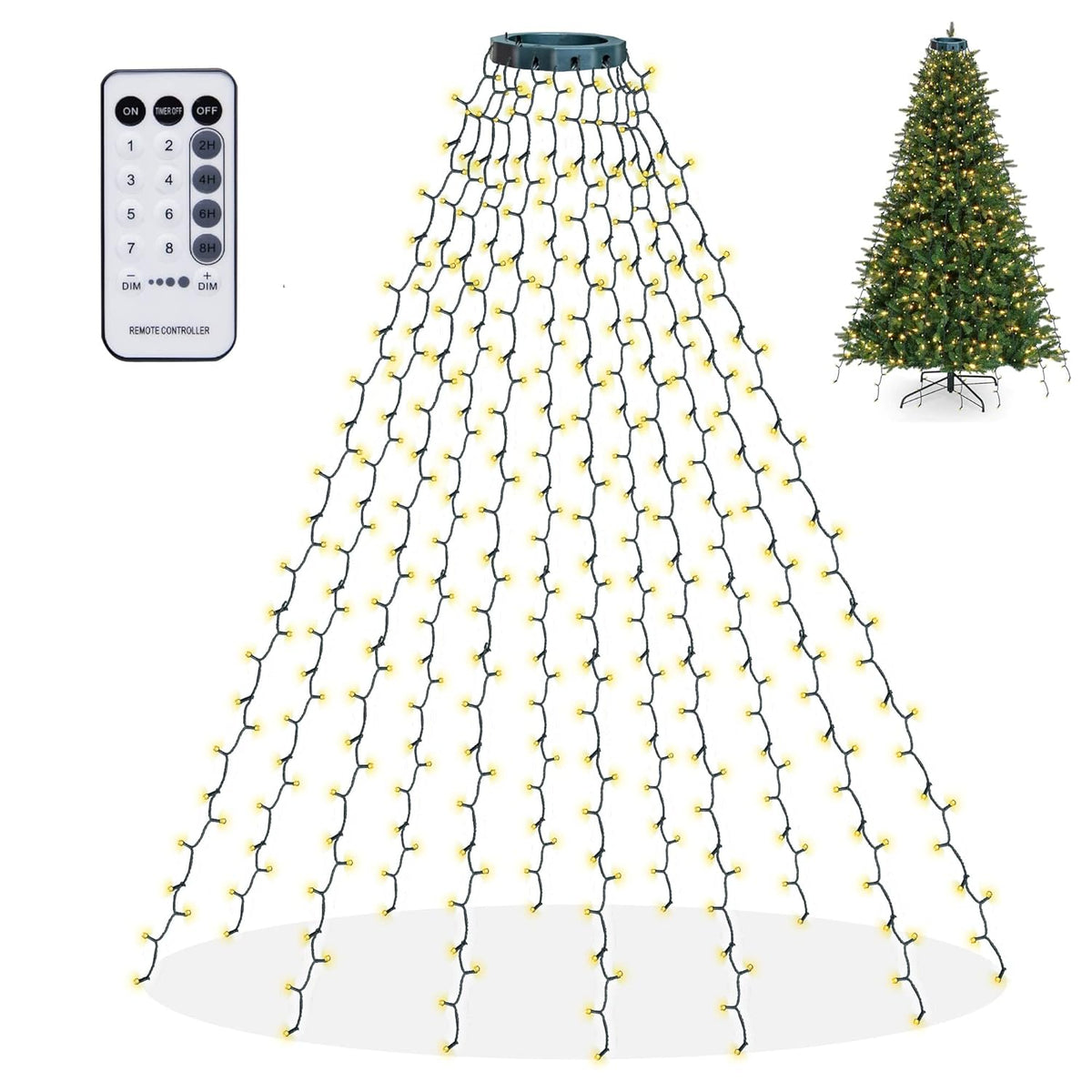 Christmas Tree Lights, 448 Led Waterfall Tree Topper Lights With Remote & 8 Lighting Modes, 8.2Ft X 16 Lines Christmas Light For Indoor Outdoor Yard Party Xmas Decoration (Warm White)