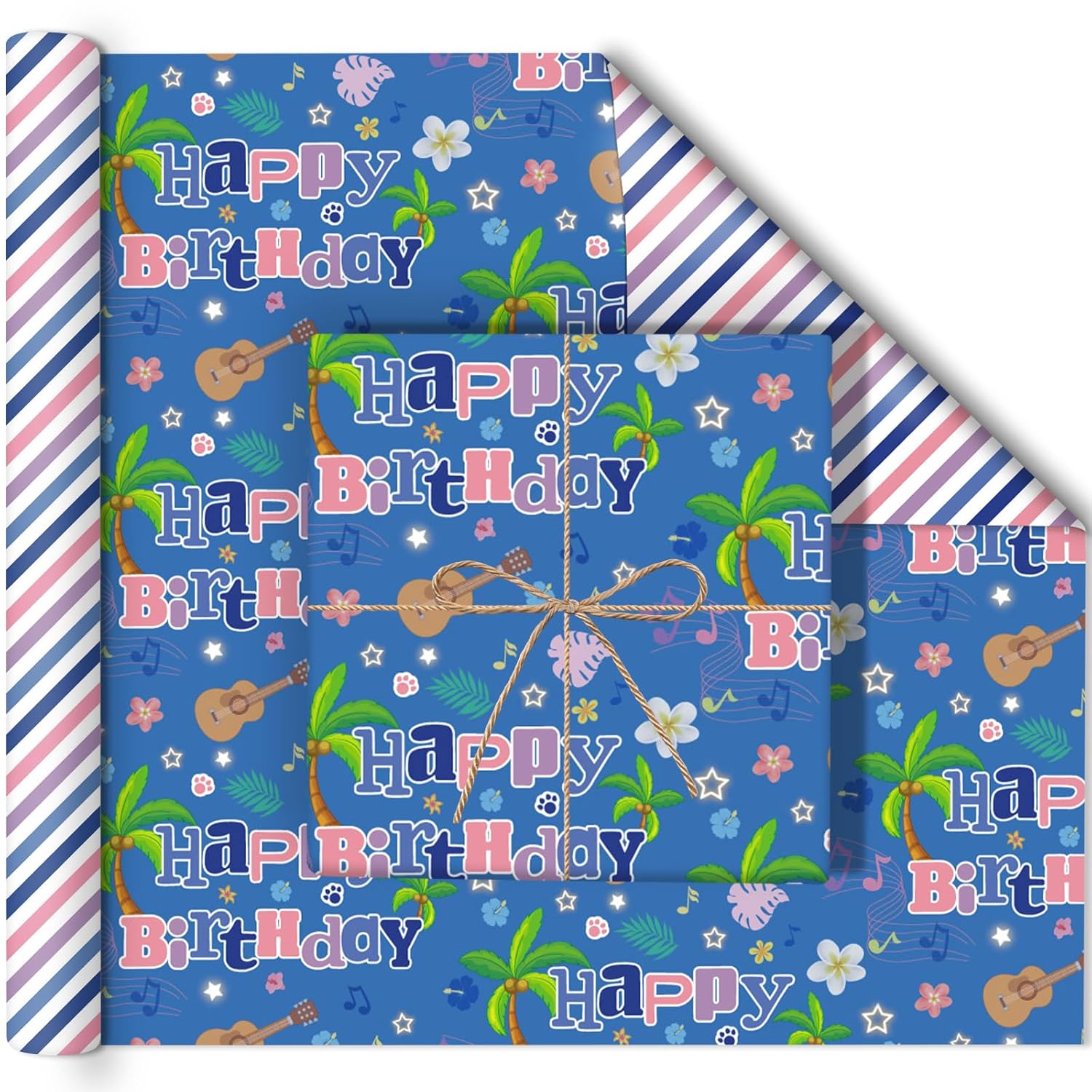 Reversible Hawaiian Happy Birthday Wrapping Paper - 8 Sheets | Hawaii Tropical Plant Flower Print Gift Wrap Paper For Kids’ Birthdays, Baby Showers, Holiday & Aloha-Themed Greetings 19.7" X 27.6"