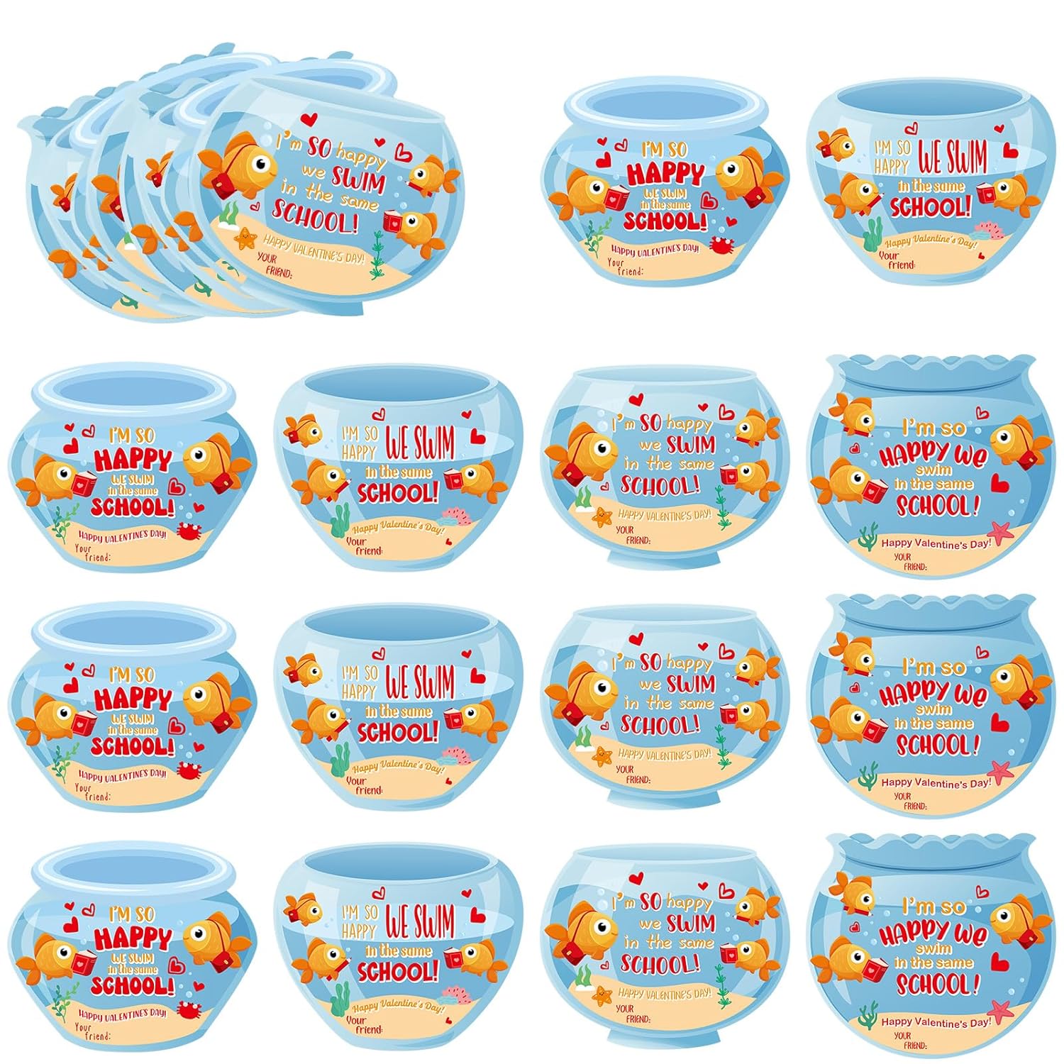 60 Pcs Fish Valentine'S Day Cards Bulk Valentines Goldfish Bowl Greeting Cards Funny Exchange Prize Birthday Party Favors Supplies