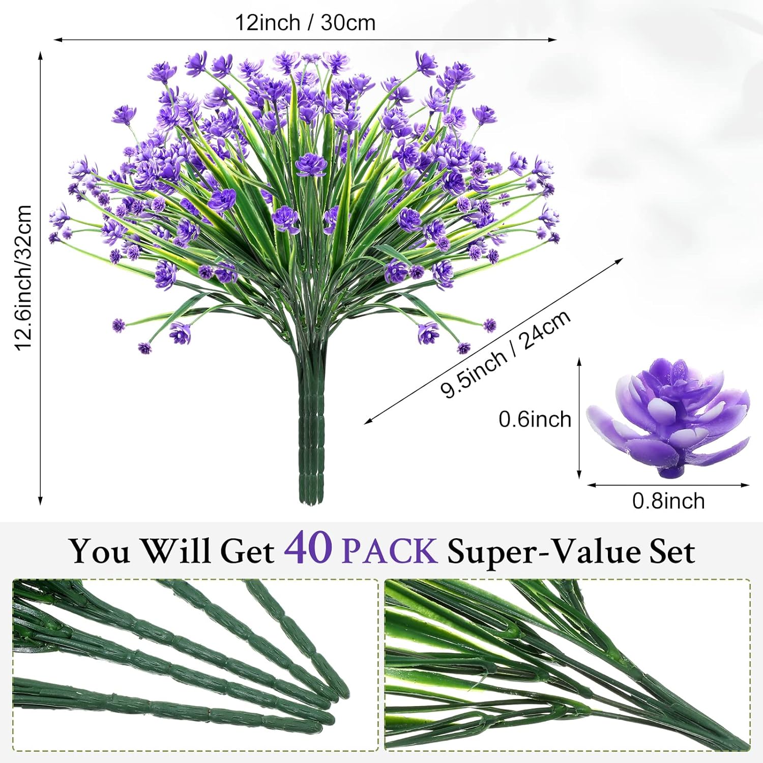 40 Bundles Outdoor Artificial Flowers Uv Resistant Faux Outside Plants Flowers Fake Plastic Plants For Outdoor Spring Summer Seasons Decoration Shrubs Garden Porch Box(Purple)