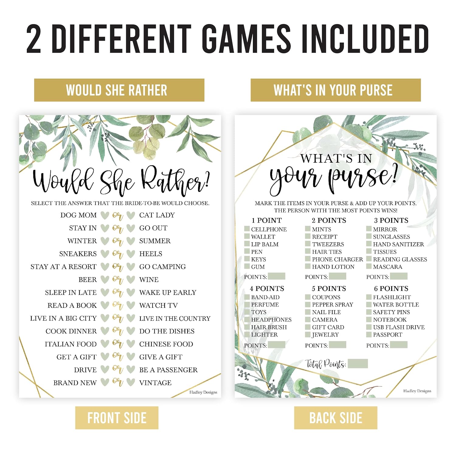 20 Greenery Bridal Shower Games For Guests-Couples Wedding Shower Games, Would She Rather Bridal Shower Game Set, What'S In Your Purse Game