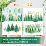 32 Pack Christmas Forest Thank You Cards With Envelopes & Stickers Green Woodland Watercolor Blank Gift Card Xmas Holiday Cards For Wedding Baby Shower Birthday, 4 X 6 Inch