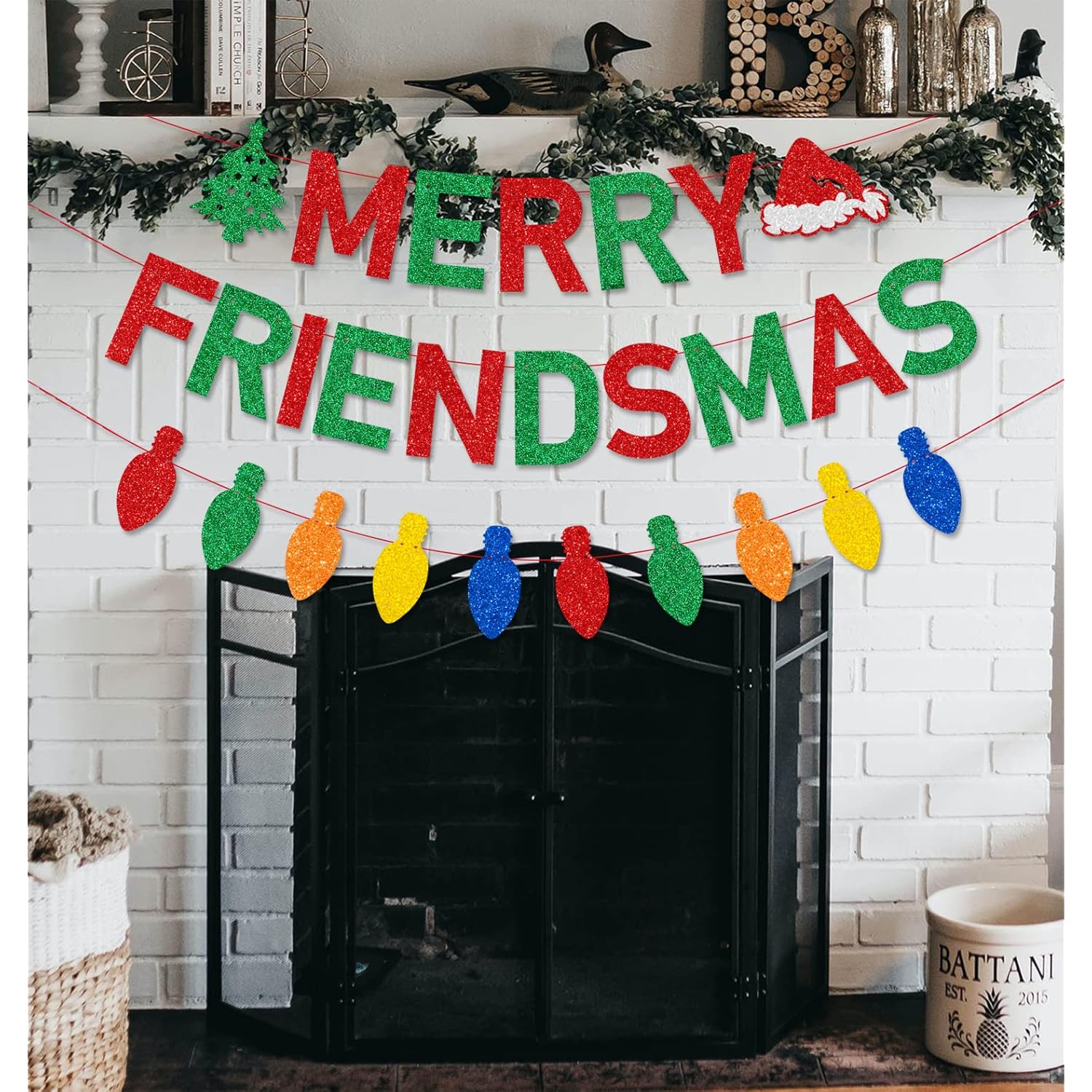 Red Green Glitter Merry Friendsmas Banner And Colorful Light Bulb Banner Friends Christmas Dinner Party Garland Banner Friendsmas Merry Christmas Holiday Party Fireplace Decorations