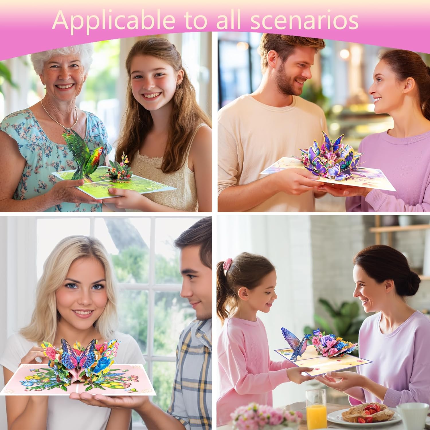 Pop Up Card Set For Women – 4 Pack 3D Greeting Cards With Butterflies, Flowers & Parrot – Birthday, Thank You, Get Well, Sympathy, Concelence, All Occasion – Includes 4 Envelopes & 4 Blank Notecards