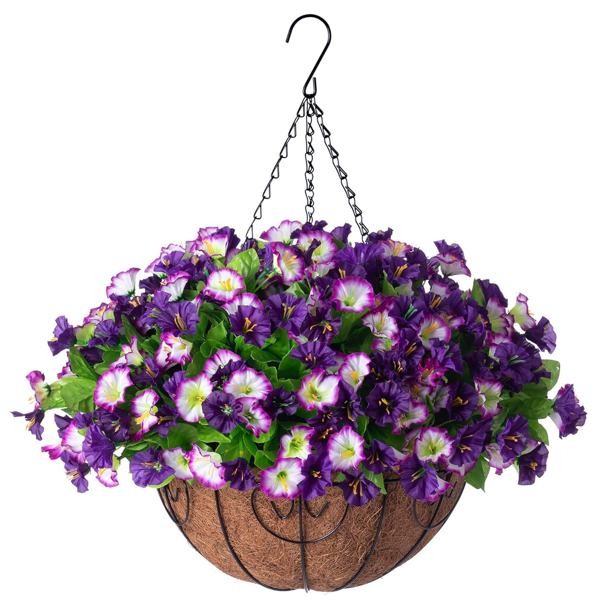 Artificial Hanging Flowers 12 Inch Basket, Faux Silk Petunias Flower Arrangement,Coconut Lining Pot Planter With Morning Glories Patio Garden Porch Deck Spring Summer Decor(Purple Edge)