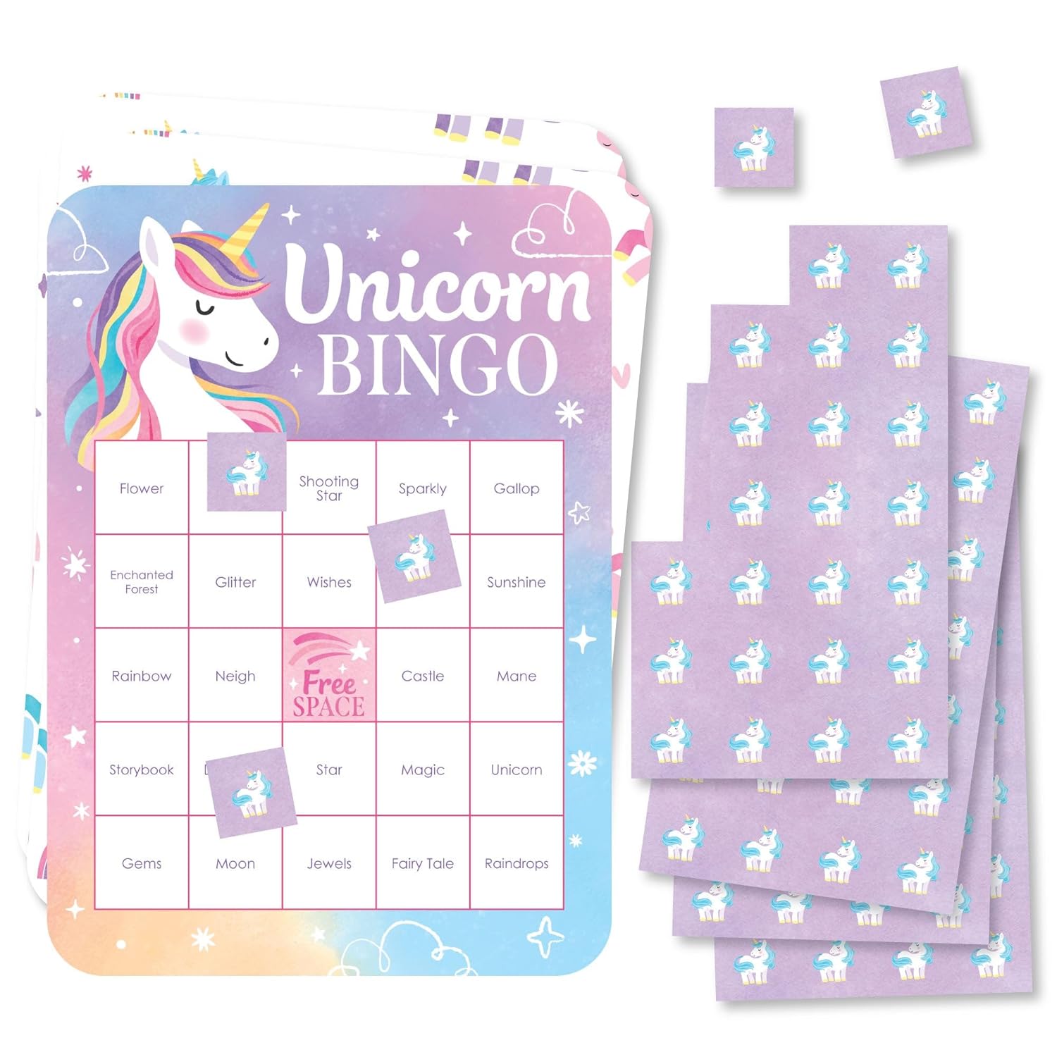 Big Dot of Happiness Unicorn Bingo Cards and Markers, Rainbow Unicorn Birthday Party Bingo Game Activity for Girls - Set of 18