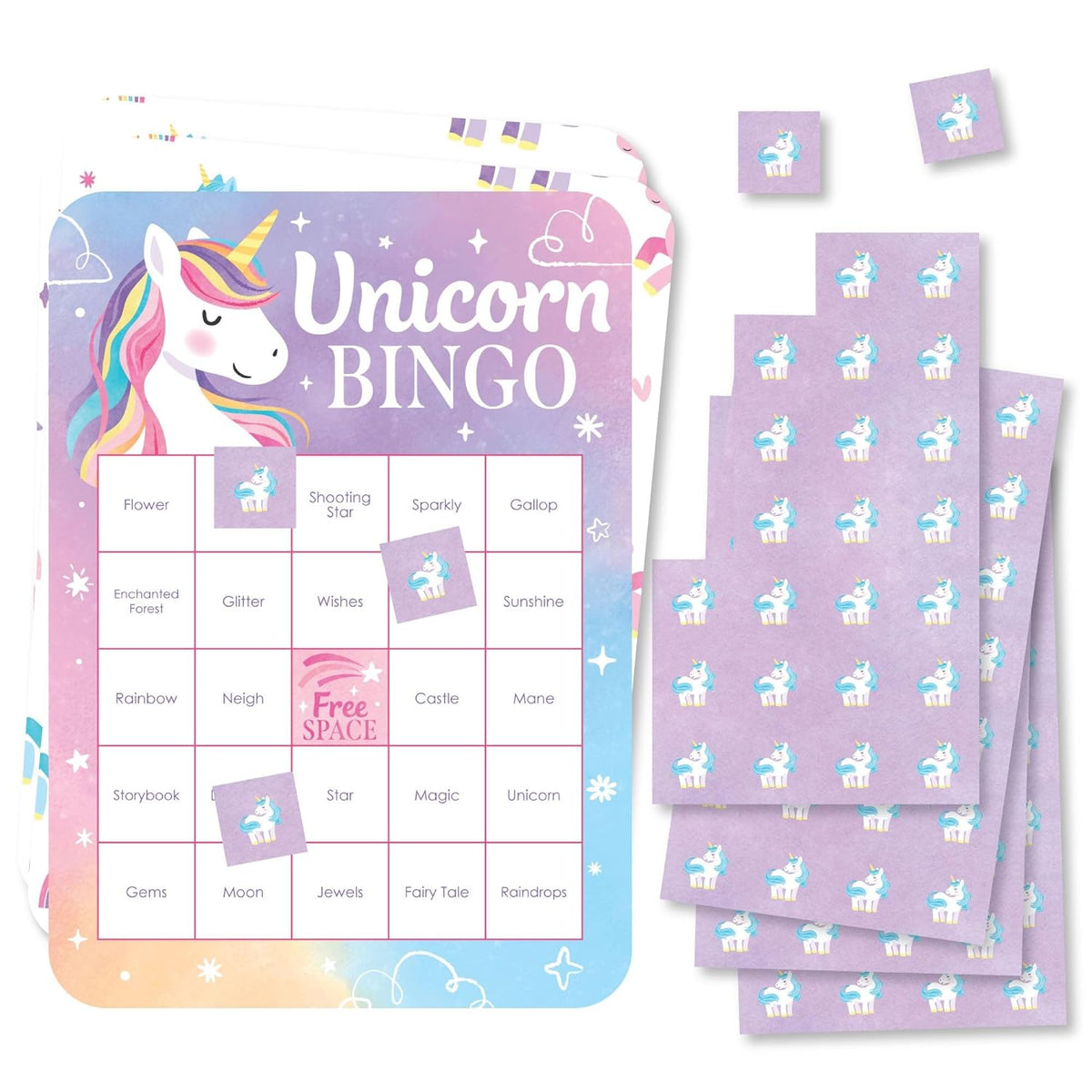 Big Dot of Happiness Unicorn Bingo Cards and Markers, Rainbow Unicorn Birthday Party Bingo Game Activity for Girls - Set of 18