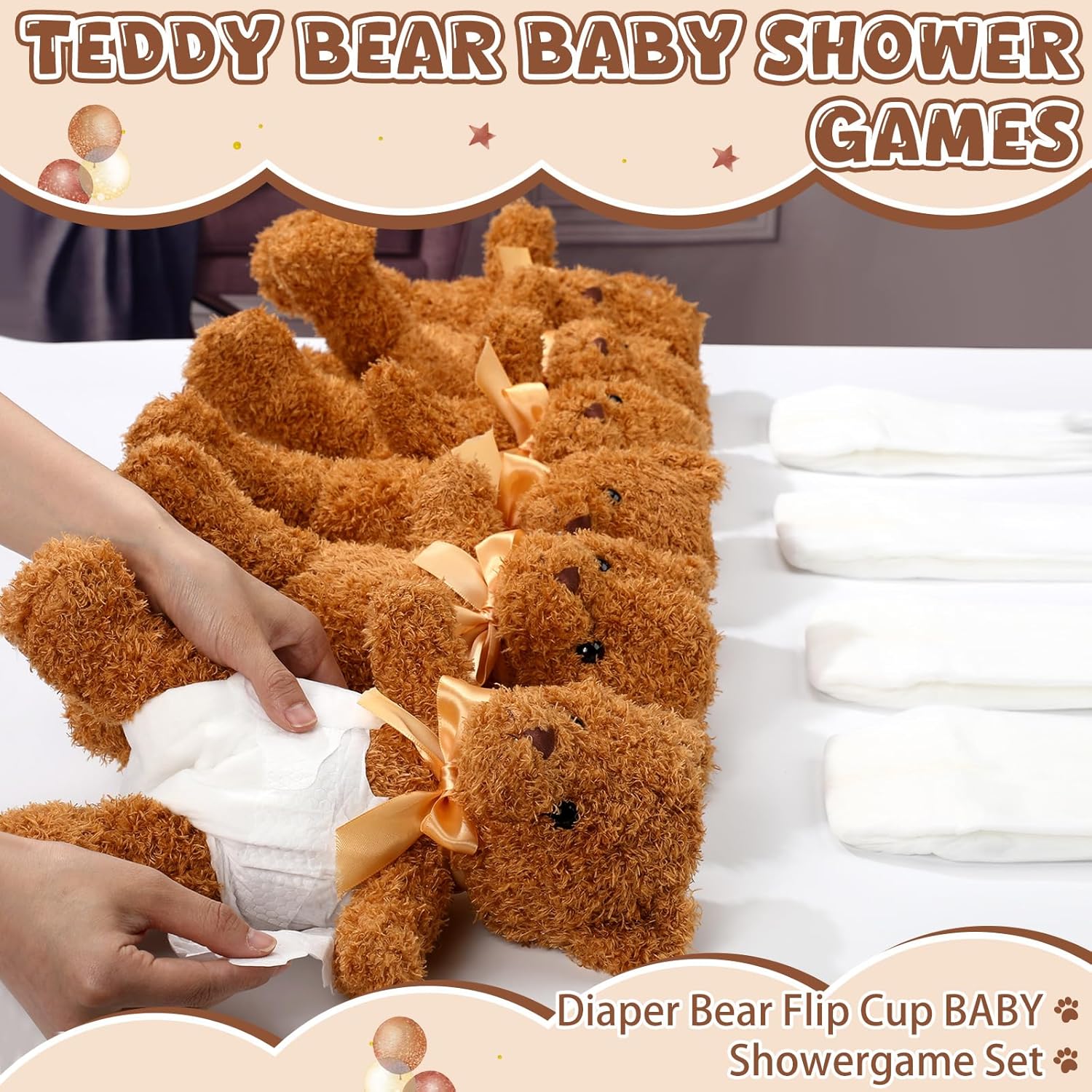 Bear Blindfolded Diaper Changing Baby Shower Games Baby Dolls Diapers For Bridal Shower Gender Reveal Games Prizes Gifts For Adults Boys Girls (Tan,6 Sets)