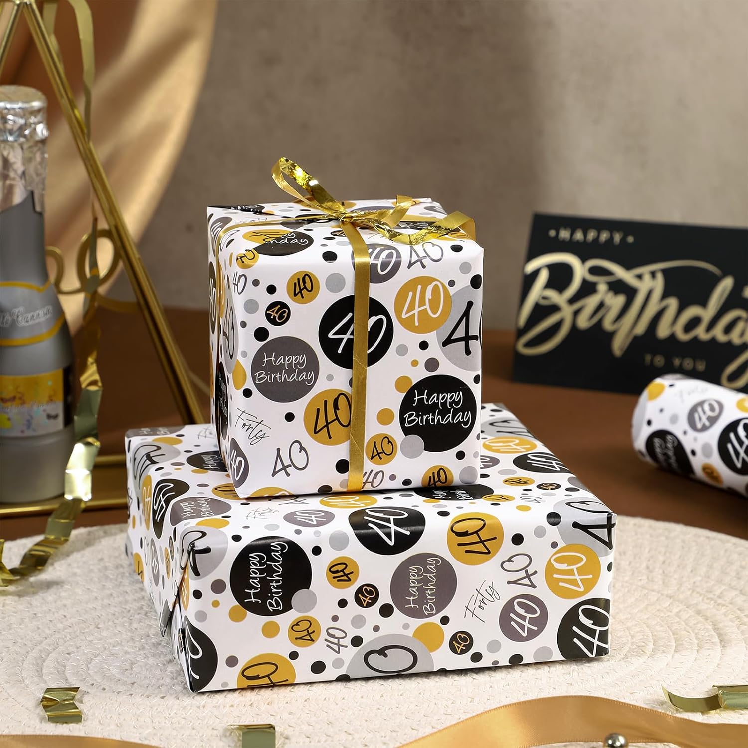 Birthday Wrapping Paper Sheet - 6 Sheets Black 40Th Birthday Design Folded Flat For Bday, Party, Baby Showers - 19.7 Inch X 27.5 Inch Per Sheet