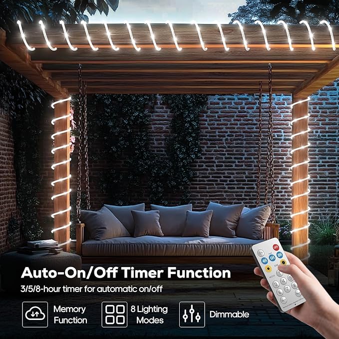 66FT Solar Rope Lights 200 LED Waterproof White String Lights with Remote 8 Modes