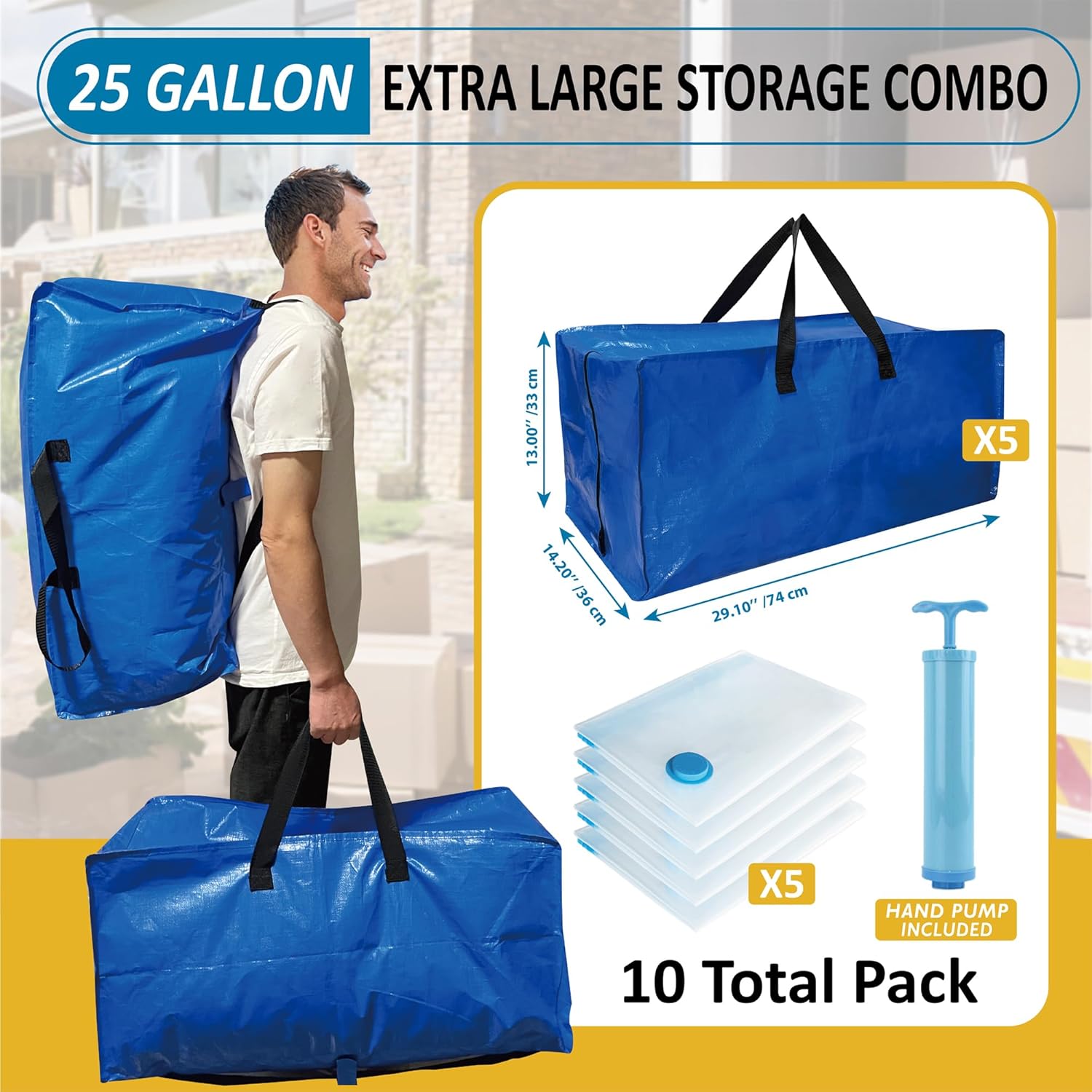 10 Pack Heavy Duty Extra Large Moving Bags With Backpack Straps & Vacuum Storage Bags, Moving Totes With Handles For Space Saving, Christmas Storage Bags For Wreaths, Garlands, Decoration & Ornaments