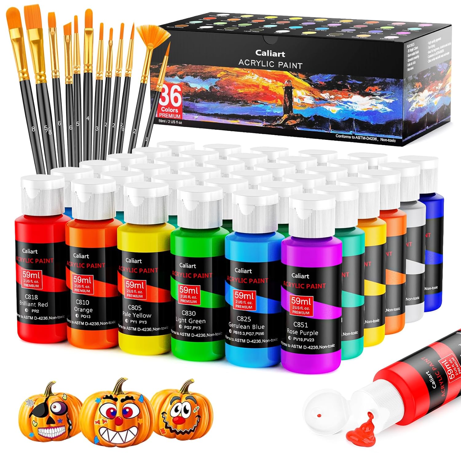 Acrylic Paint Set With 12 Brushes, 36 Colors (59Ml, 2Oz) Art Craft Paints Gifts For Artists Adults Beginners Painters, Halloween Pumpkin Canvas Ceramic Wood Rock Painting Kit Art Supplies