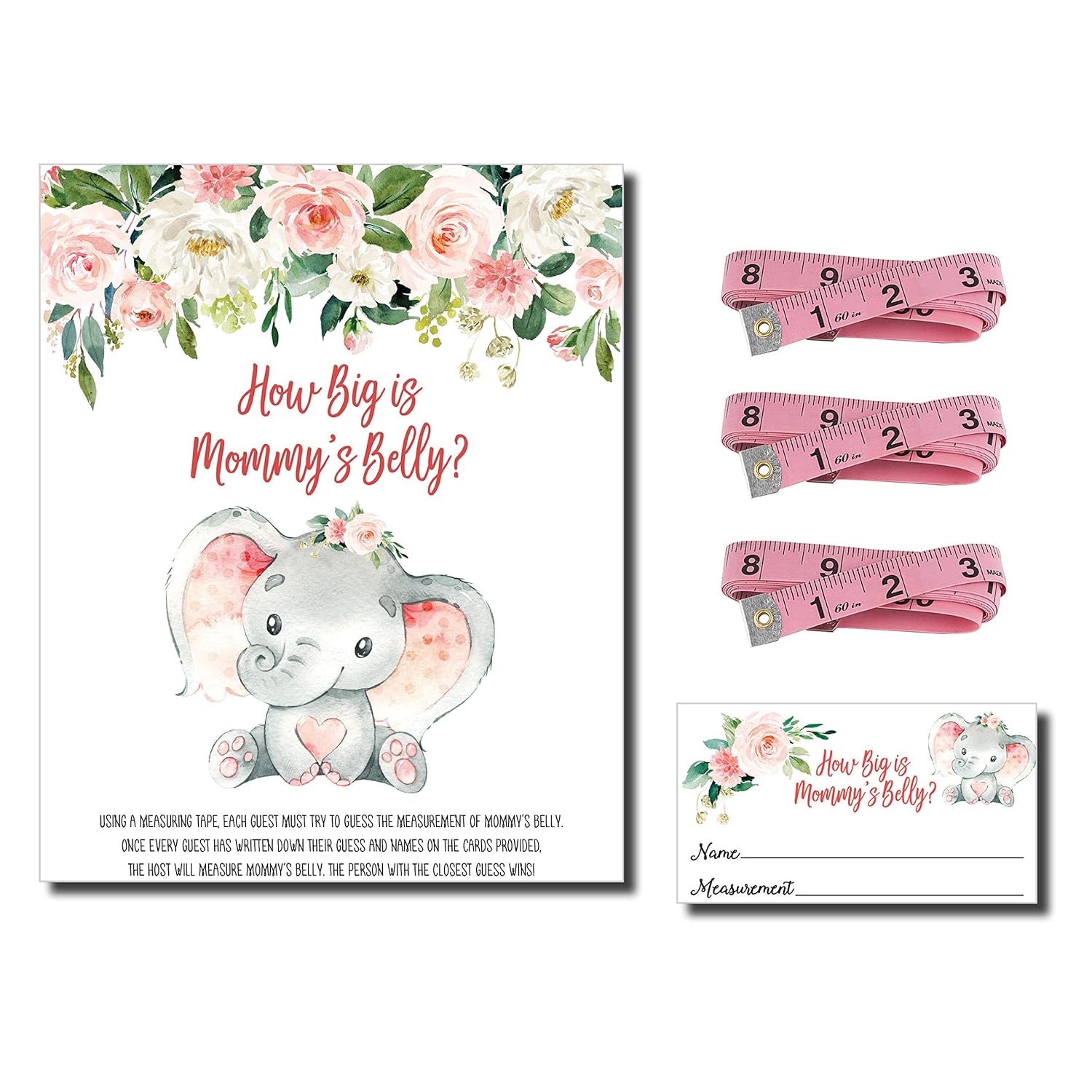 How Big Is Mommy'S Belly - Pink Elephant (54 Pieces) Fun, Easy Girl Baby Shower Game, Large Self-Standing Game Sign, Jungle, Safari, Greenery, Boho