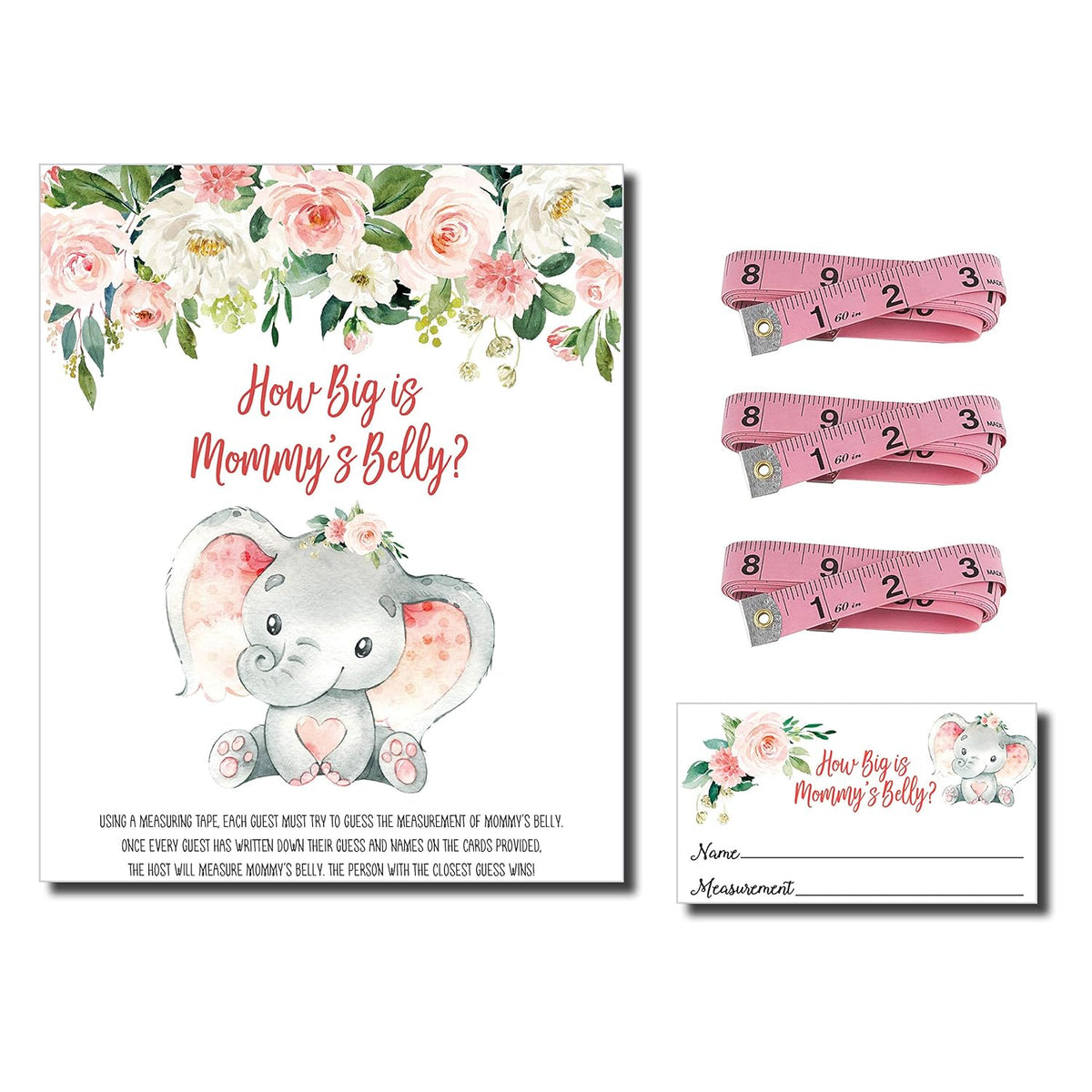 How Big Is Mommy'S Belly - Pink Elephant (54 Pieces) Fun, Easy Girl Baby Shower Game, Large Self-Standing Game Sign, Jungle, Safari, Greenery, Boho