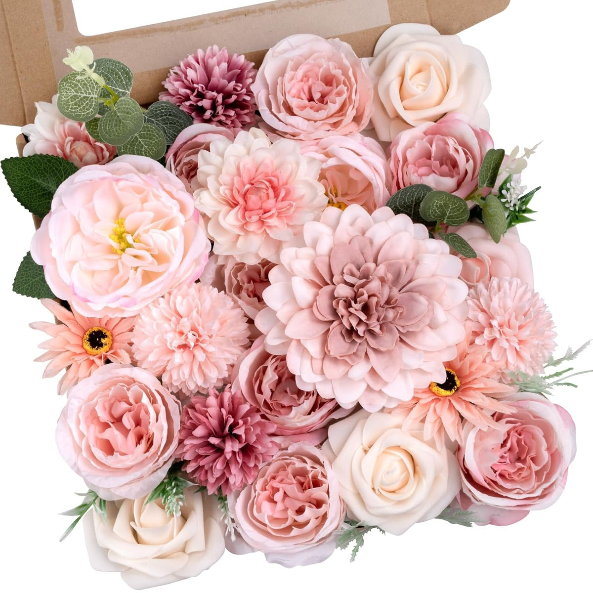 Pink Flowers Artificial Roses Combo Set Fake Pink Silk Flowers Faux Peony Flowers Mix Chrysanthemum Dahlia With Stems For Wedding Bouquets Baby Bridal Shower Party Floral Arrangements Decor