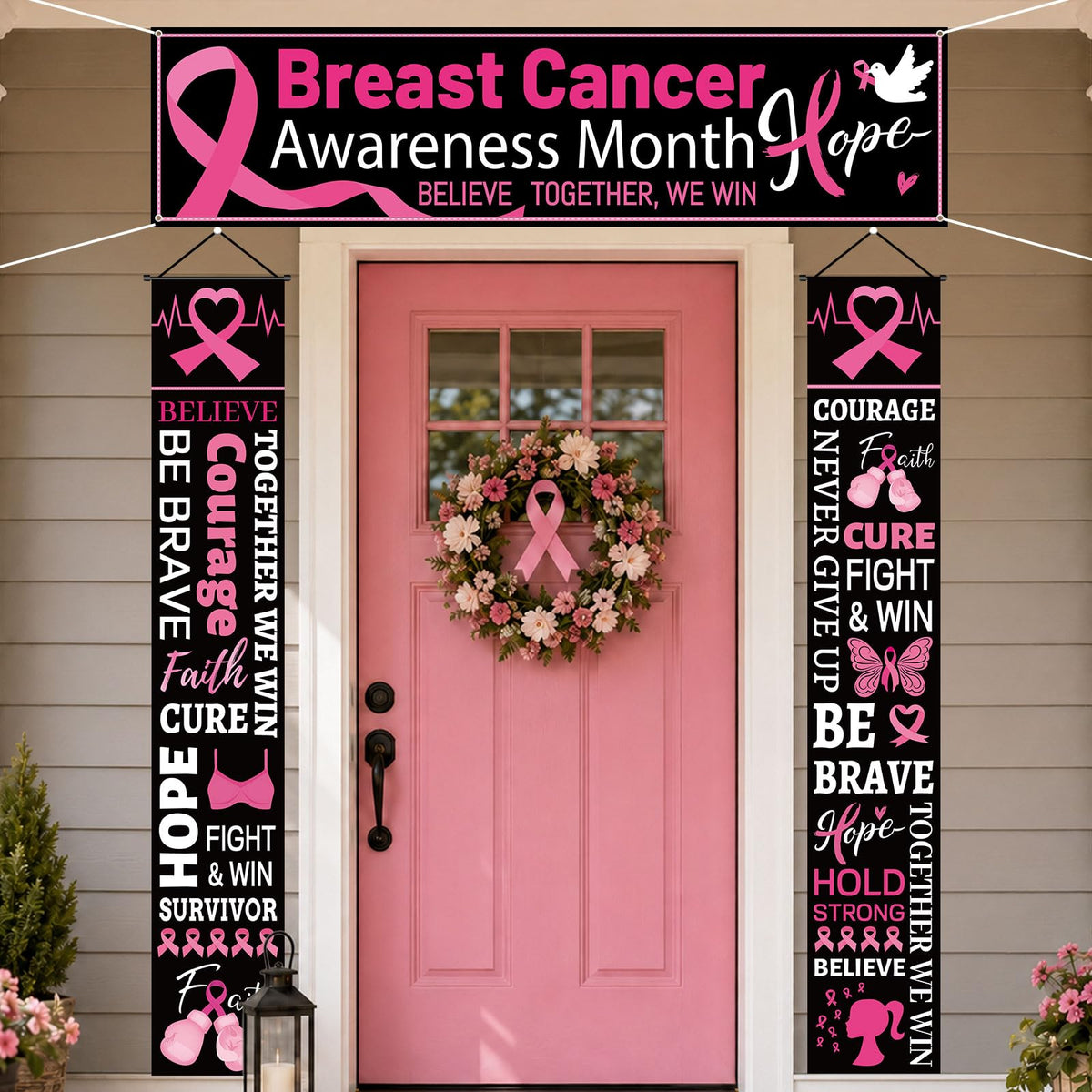3PCS Breast Cancer Awareness Party Banner Pink Ribbon Fence Porch Sign Banner Hope Strength Courage Faith Black and Pink Door Decorations for Breast Cancer Awareness Event Charity Party Decor
