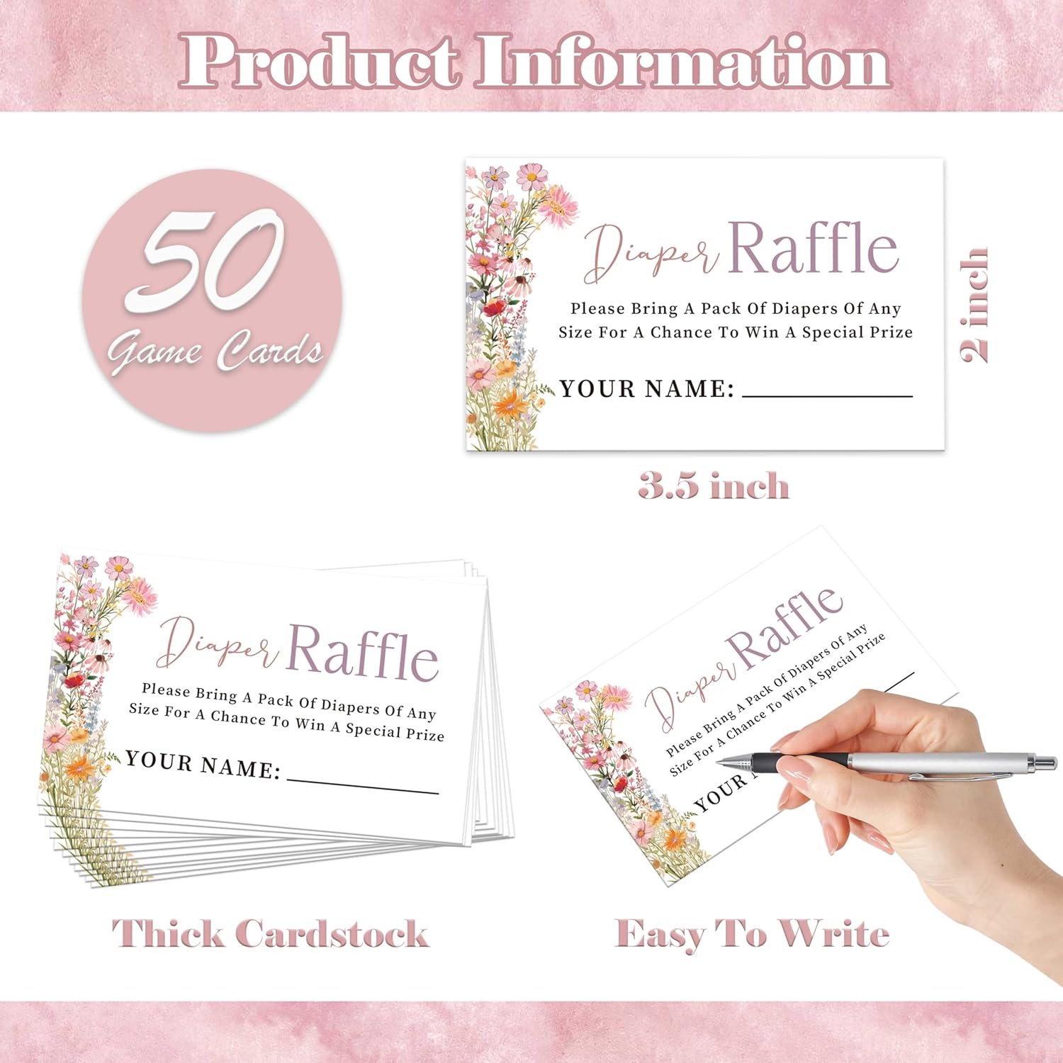 Wildflower Baby Shower Diaper Raffle, Pack Of 1 Wooden Tabletop Sign With Stand And 50 Diaper Raffle Tickets, Floral Baby Shower Game, Gender Reveal Party Decorations - Eh17