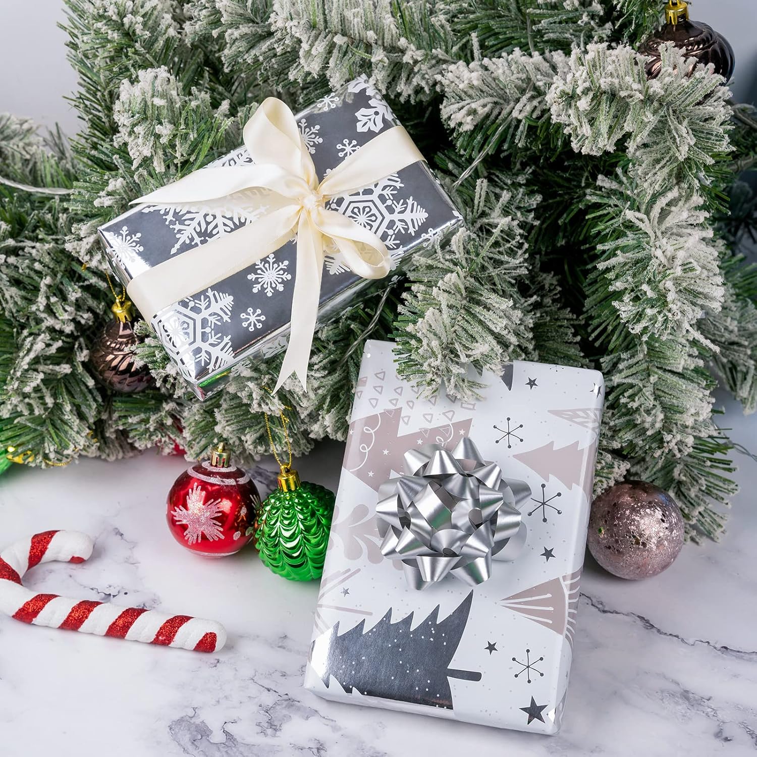Christmas Wrapping Paper Mini Roll, Silver Metallic Foil Paper - Tree/Snowflake/Plaid Design For Gift Wrap, Arts Crafts - 17 X 120 Inches - 3 Rolls (42.5 Sq.Ft.Ttl.)