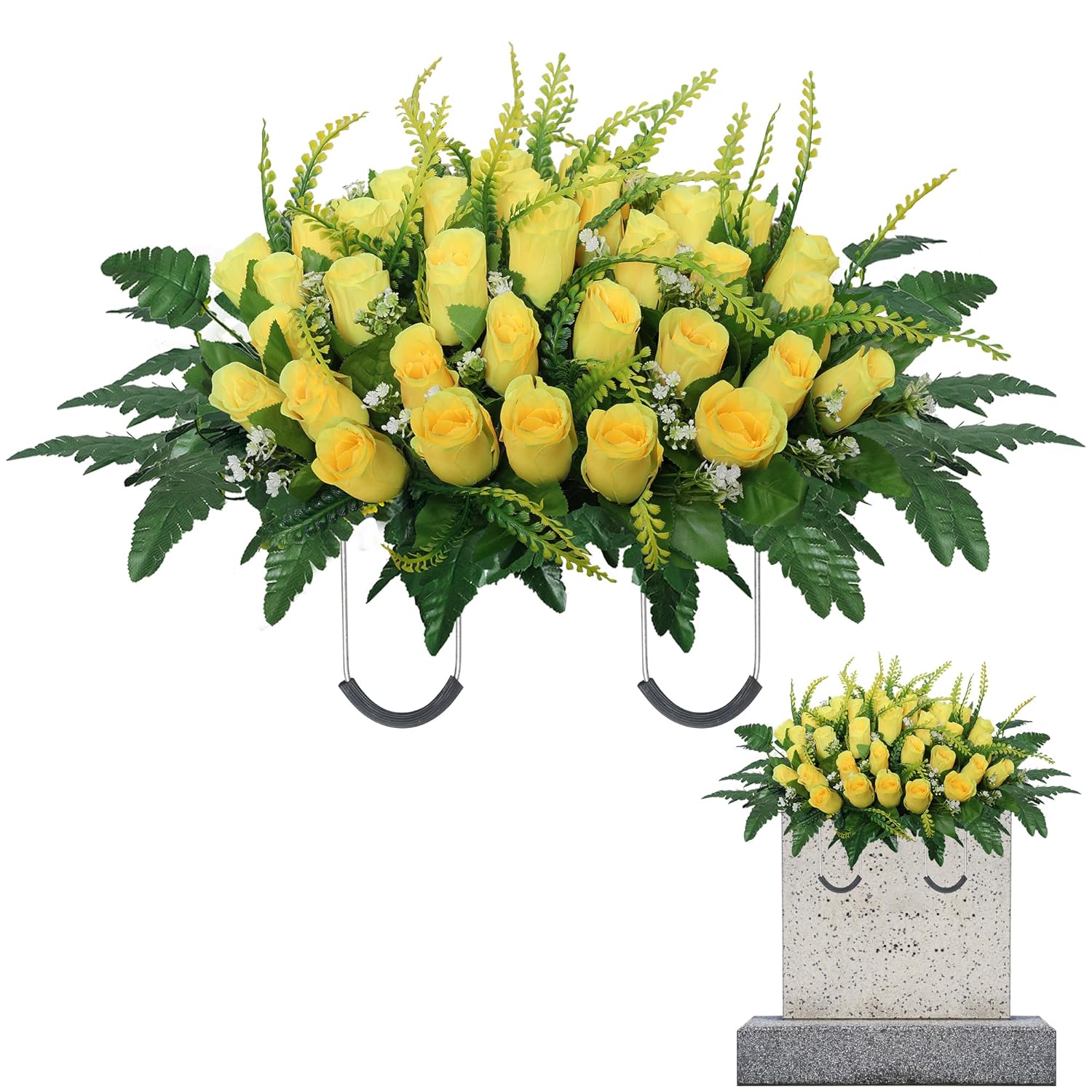 Cemetery Headstone Flower Saddle,Tombstone Flower,Outdoor Grave Saddle Headstone Decorations,Cemetery Memorial Flowers For Outdoor Gravesite Tombstone Decorations (Yellow)
