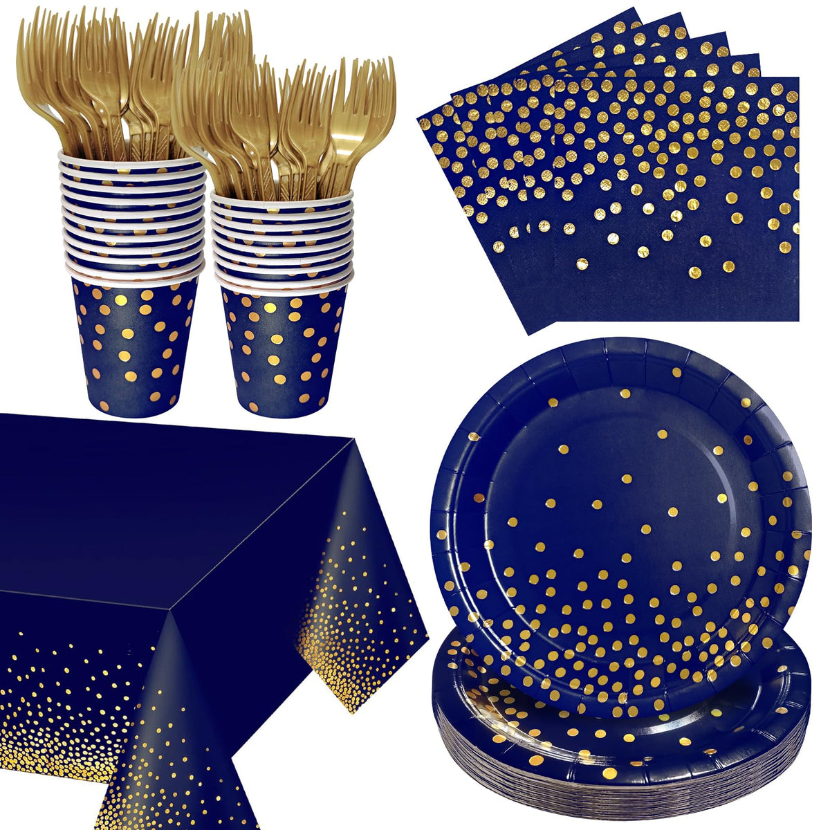 Navy Blue and Gold Paper Plates Napkins Cups Tablecloths Party Supplies
