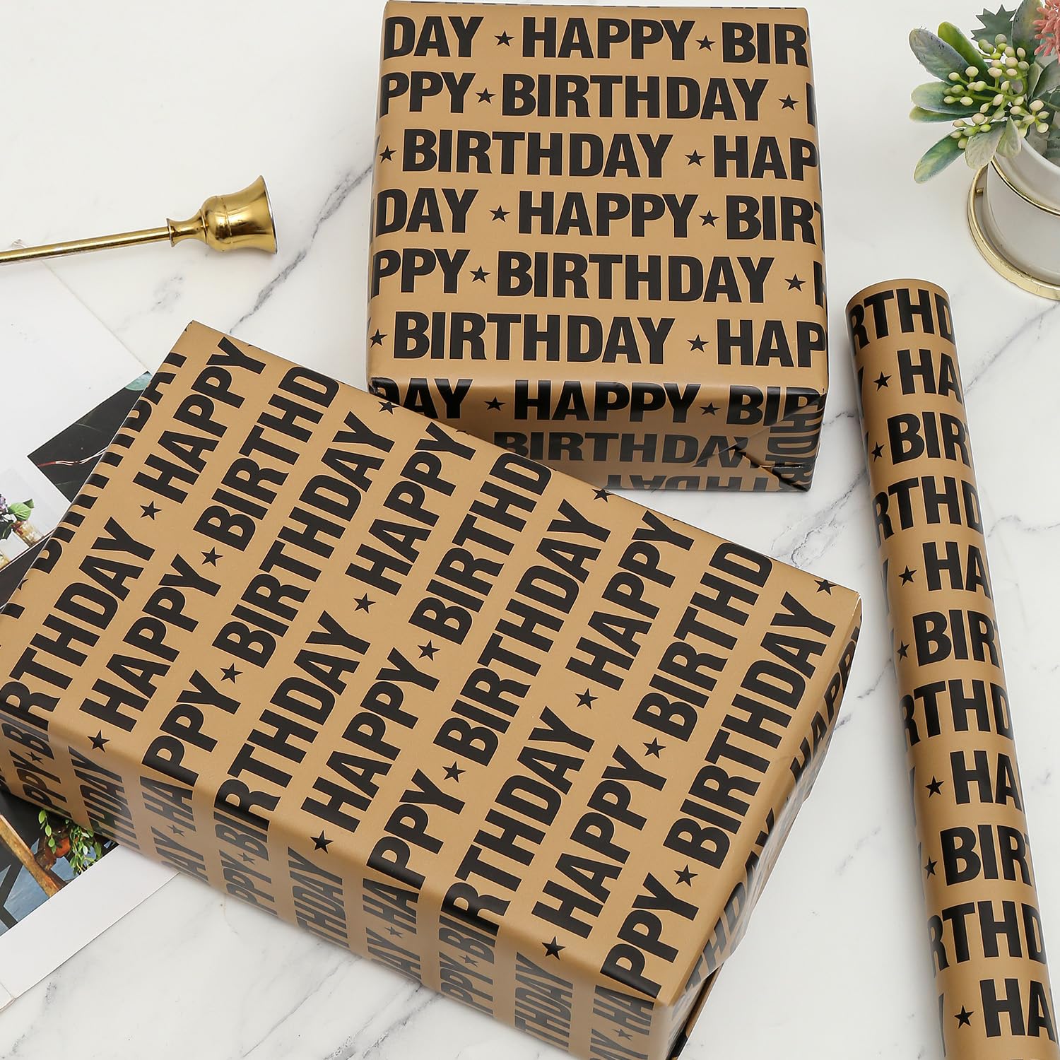 Brown Birthday Wrapping Paper Roll - Vintage Black Happy Birthday Design For Party, Baby Shower - 17.7 Inch