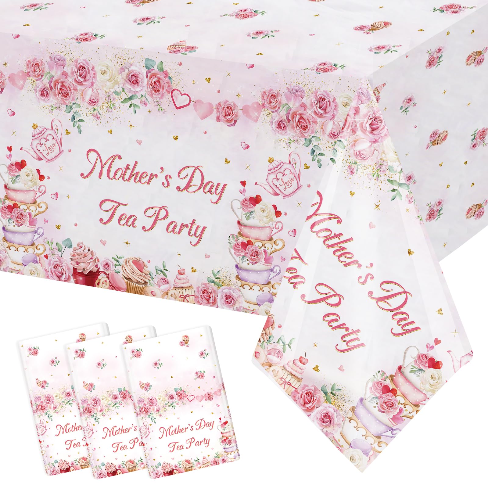 Mother’s Day Tea Party Tablecloth 3 Pack 54x108 Inch Pink Floral Rose Disposable Table Cover, Mothers Day Tea Party Decorations for Mom Brunch, Garden Party Supplies
