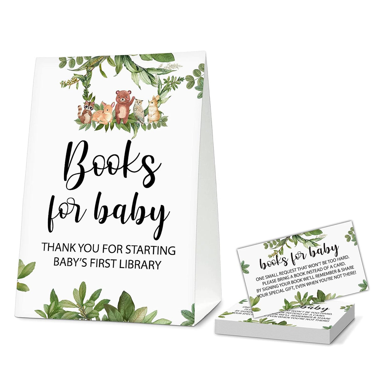 Woodland Baby Shower Party Self-Standing Book Request Sign & 50 Book Request Cards, Wild Animal Themed Book Request Card, Safari Jungle Baby Shower Decor, Baby Gender Reveal Party Game - Book-B01