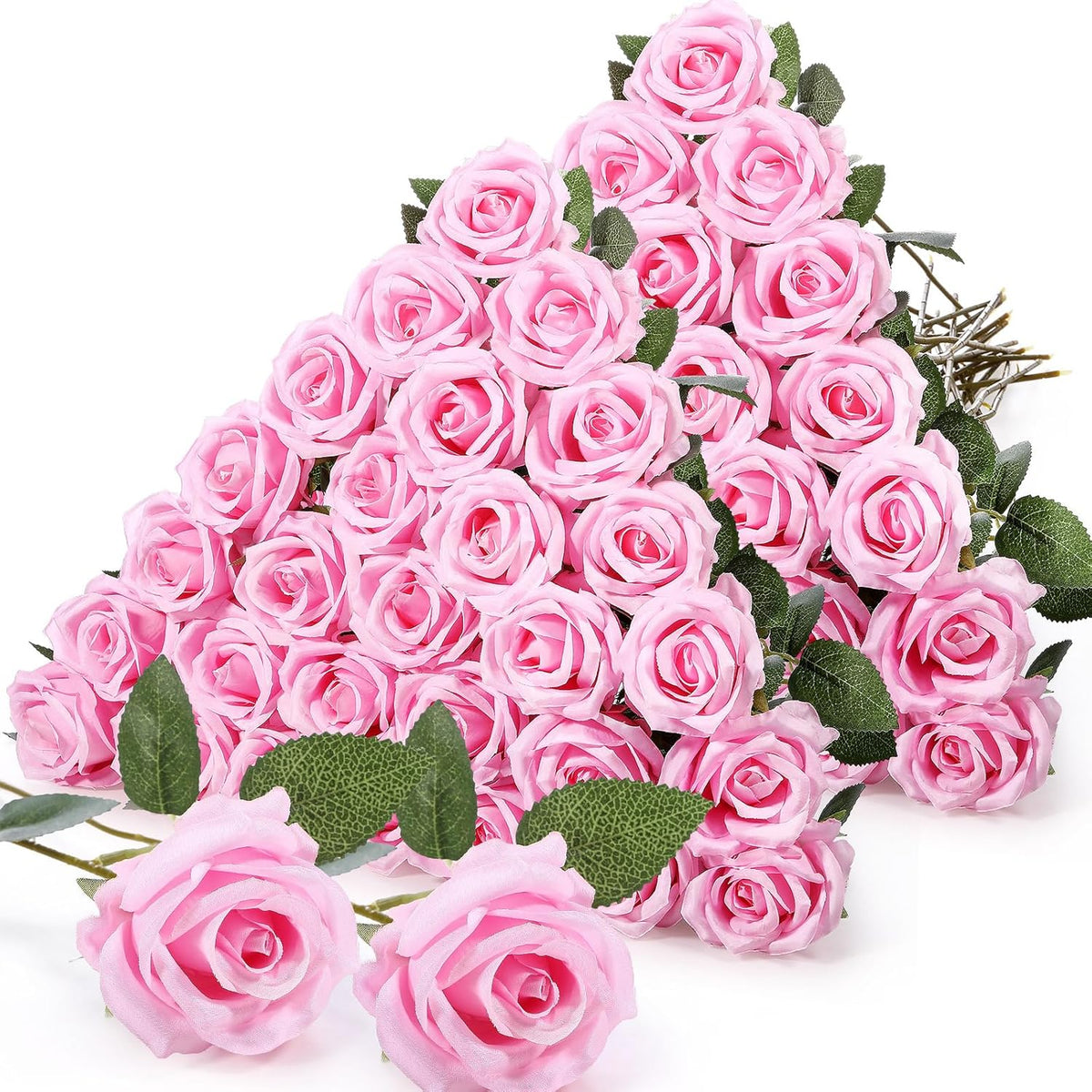 60 Pcs Artificial Roses Bulk Silk Flowers With Long Stems, Realistic Faux Rose Bouquet For Wedding Centerpieces, Valentine’S Party, Home Decor(Pink)