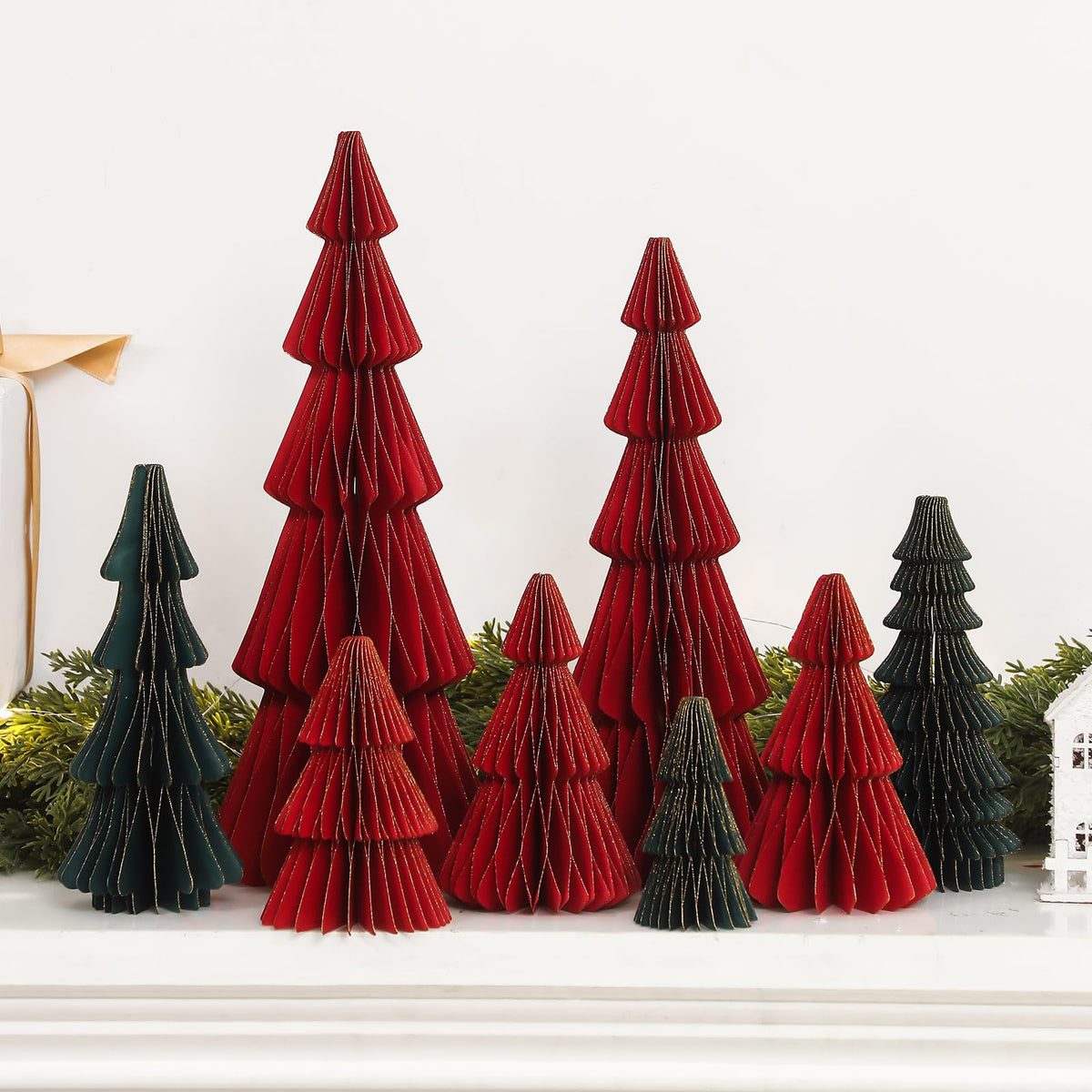 8 Pcs Paper Honeycomb Christmas Tree Decor Christmas Table Centerpiece 3D Gold Glitter Edge Red and Green Paper Trees for Xmas Winter Tabletop Mantel Holiday Party Decorations
