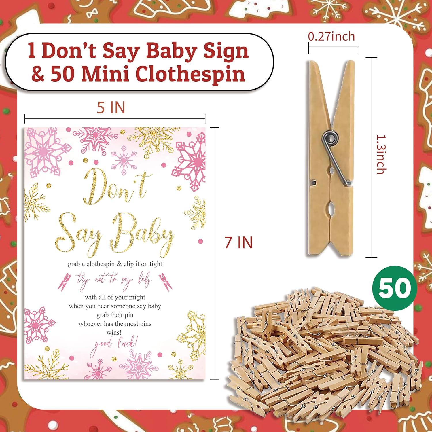 Don'T Say Baby Game,Christmas Baby Shower Game,50 Wooden Clothespins And One Sign, Christmas Baby Shower Decorations, Christmas Gender Reveal-Dsbb09