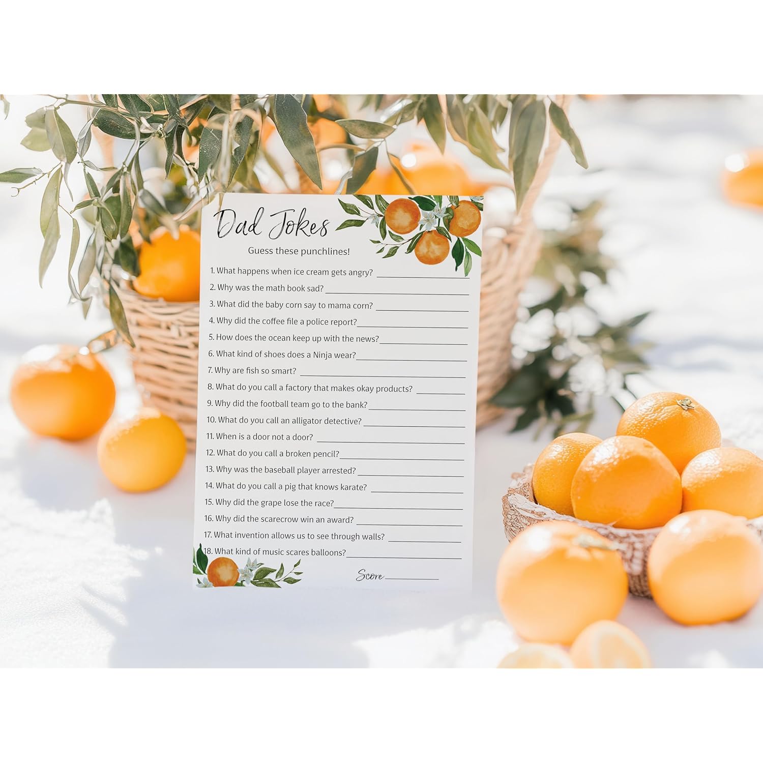 A Little Cutie Theme Baby Shower Game — Dad Jokes Games — Pack Of 25 — Fun Dad Joke Game, Funny Daddy Jokes Trivia, Citrus Orange Shower Activity, Gender Neutral Couples Co-Ed Shower Birthday G350-Djk